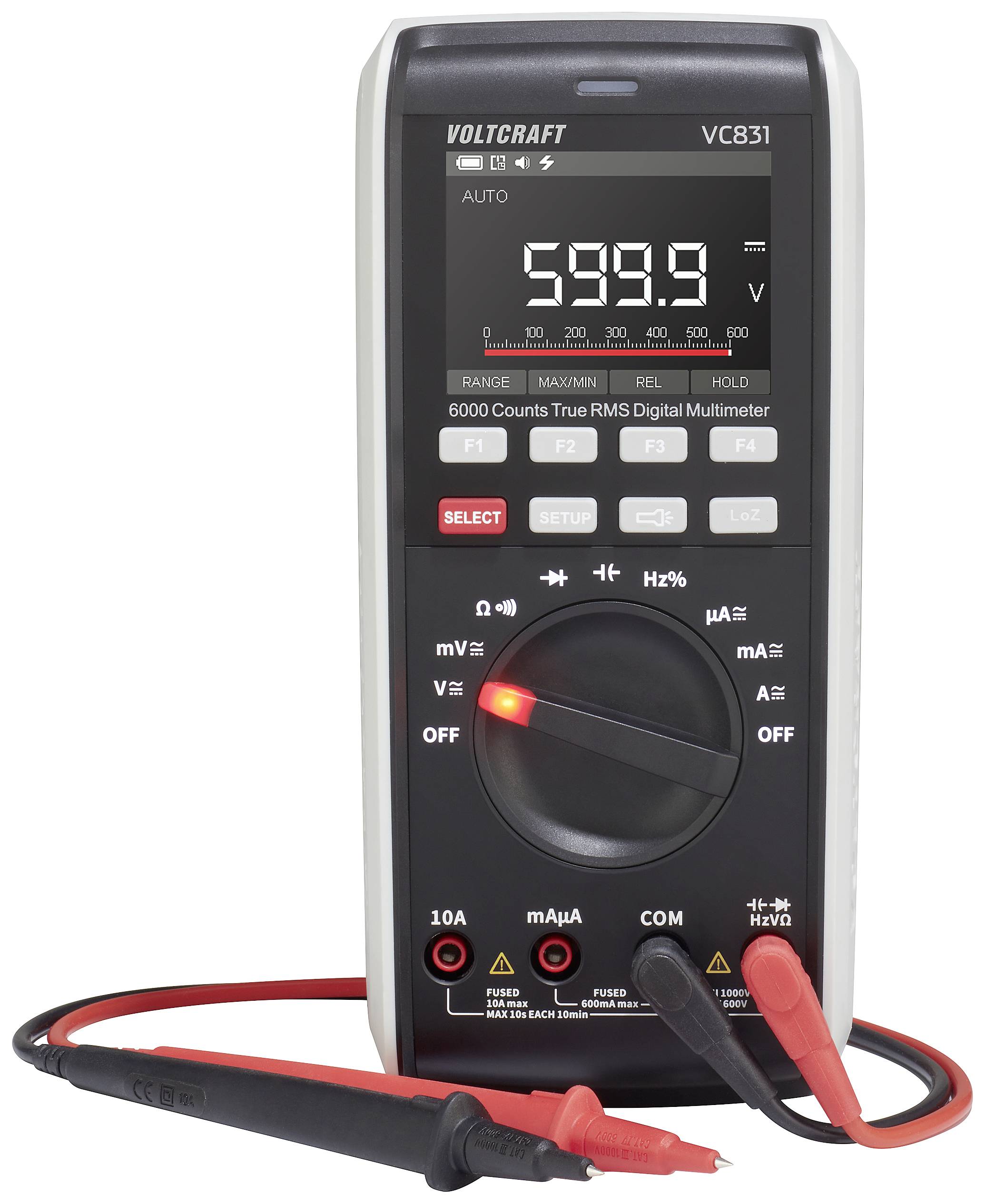 Digitales Multimeter mit Displayanzeige von 599,9, verschiedenen Messparametern und roten Messleitungen.