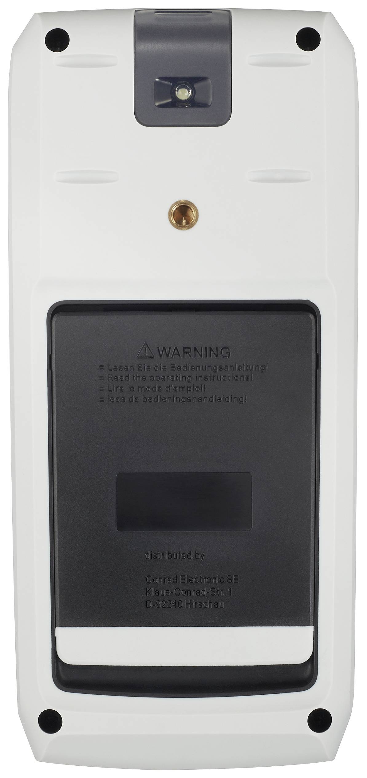 Eine weiße Gerät mit schwarzem Batteriefach auf der Rückseite, keine sichtbaren Marken oder Bedienelemente.