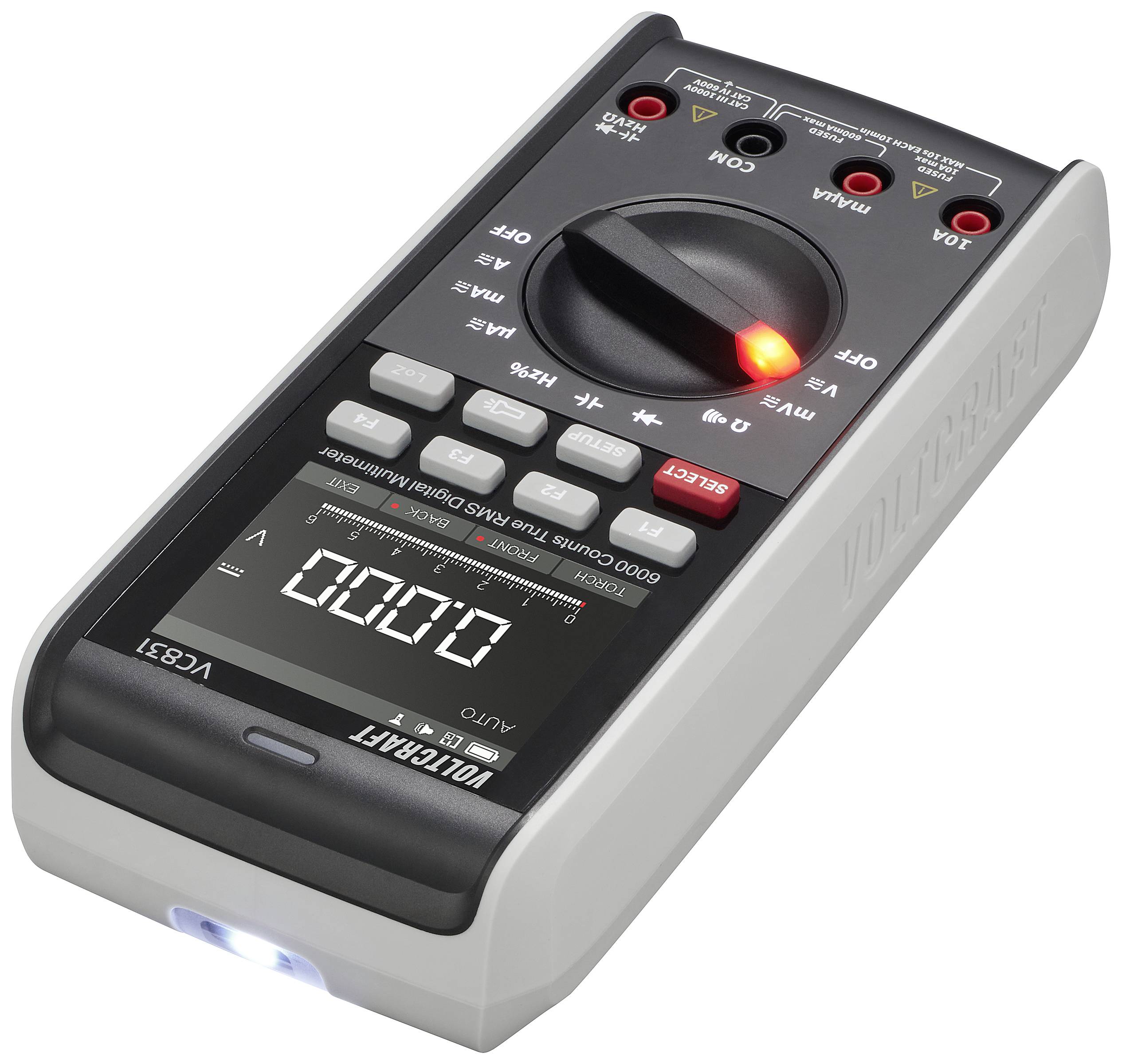 Digital-Multimeter mit Display-Anzeige und Drehschalter zur Messung von Spannung, Strom und Widerstand. Ein LED leuchtet rot.