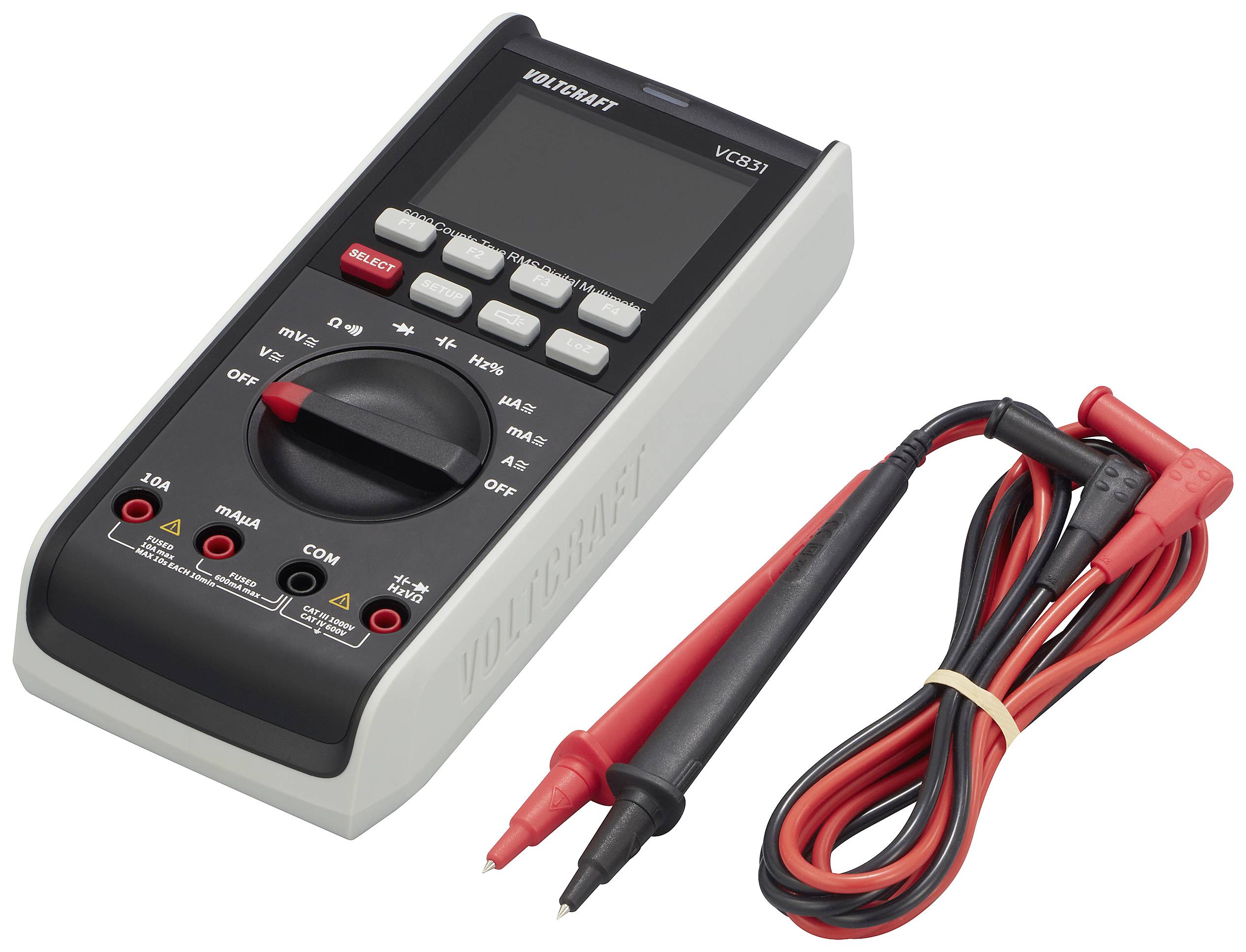 Ein Digitalmultimeter mit Display und Bedienknöpfen, neben roten und schwarzen Messleitungen. Modell: Voltcraft VC231.