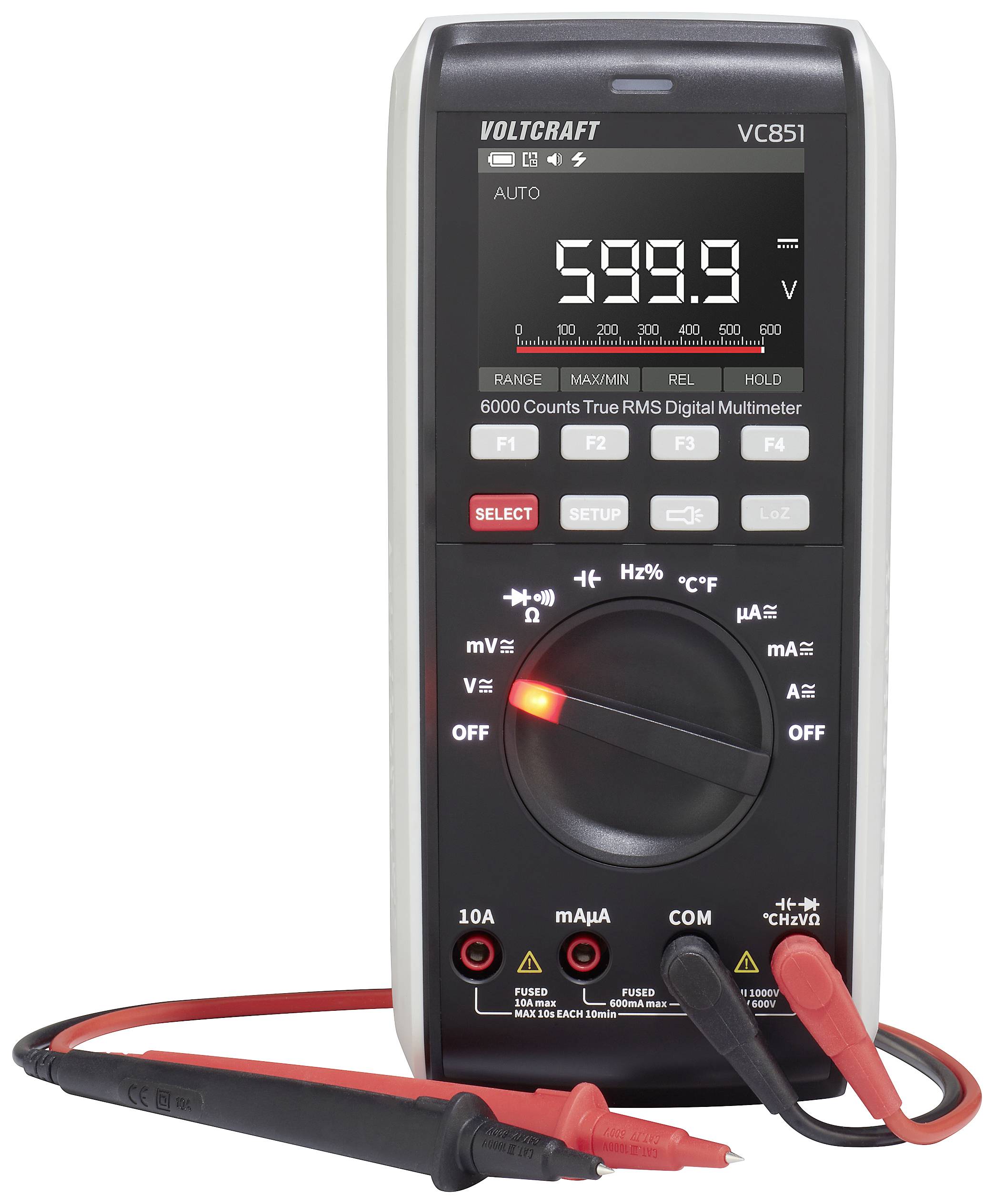 Digitalmultimeter zeigt '599,9' auf dem Display. Drehschalter in der Mitte, rote und schwarze Messleitungen unten. Marke VOLTCRAFT.