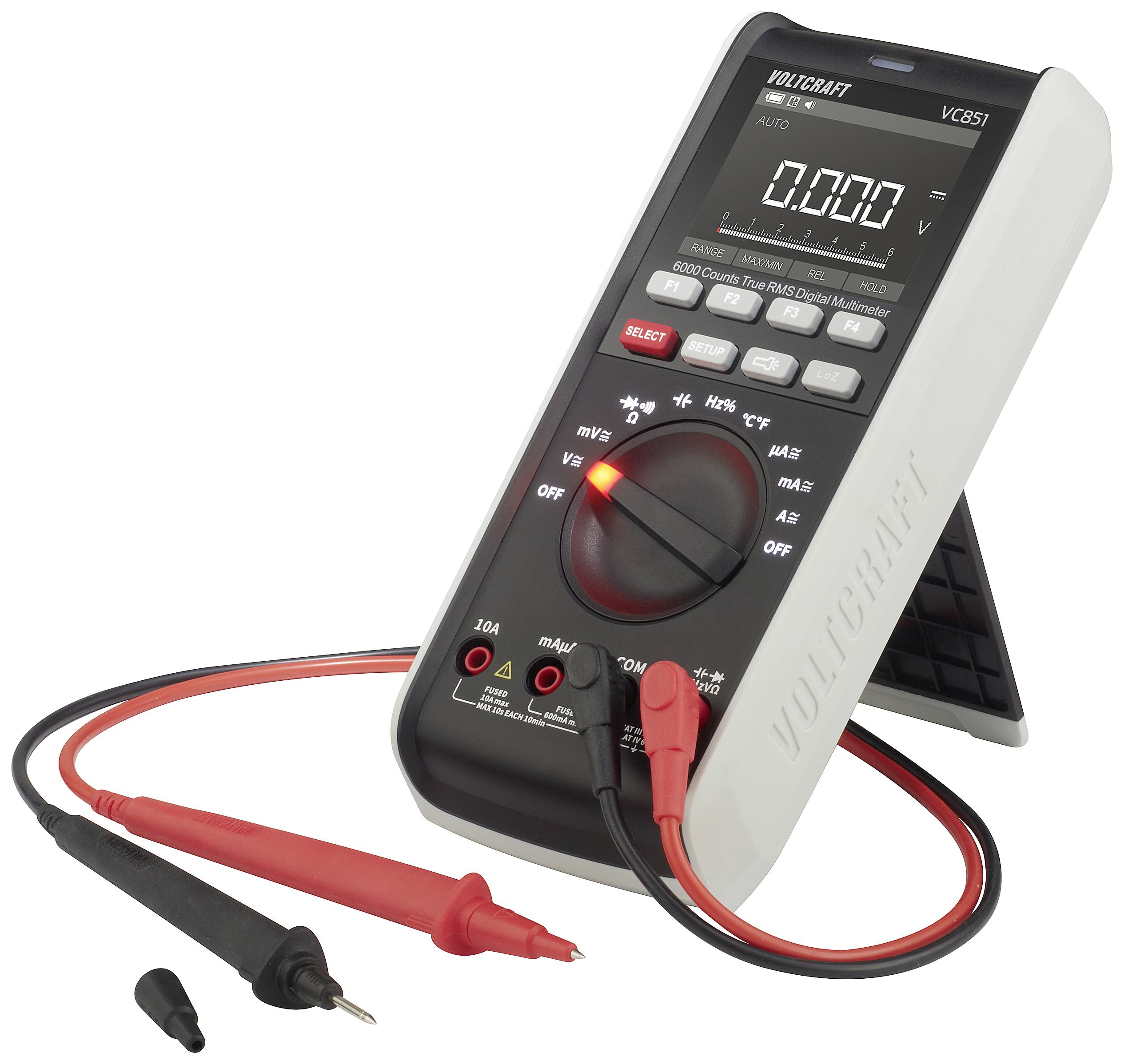 Digitalmultimeter mit Display zeigt '0.000' an, roter und schwarzer Messfühler vorne, geeignet für elektrische Messungen.