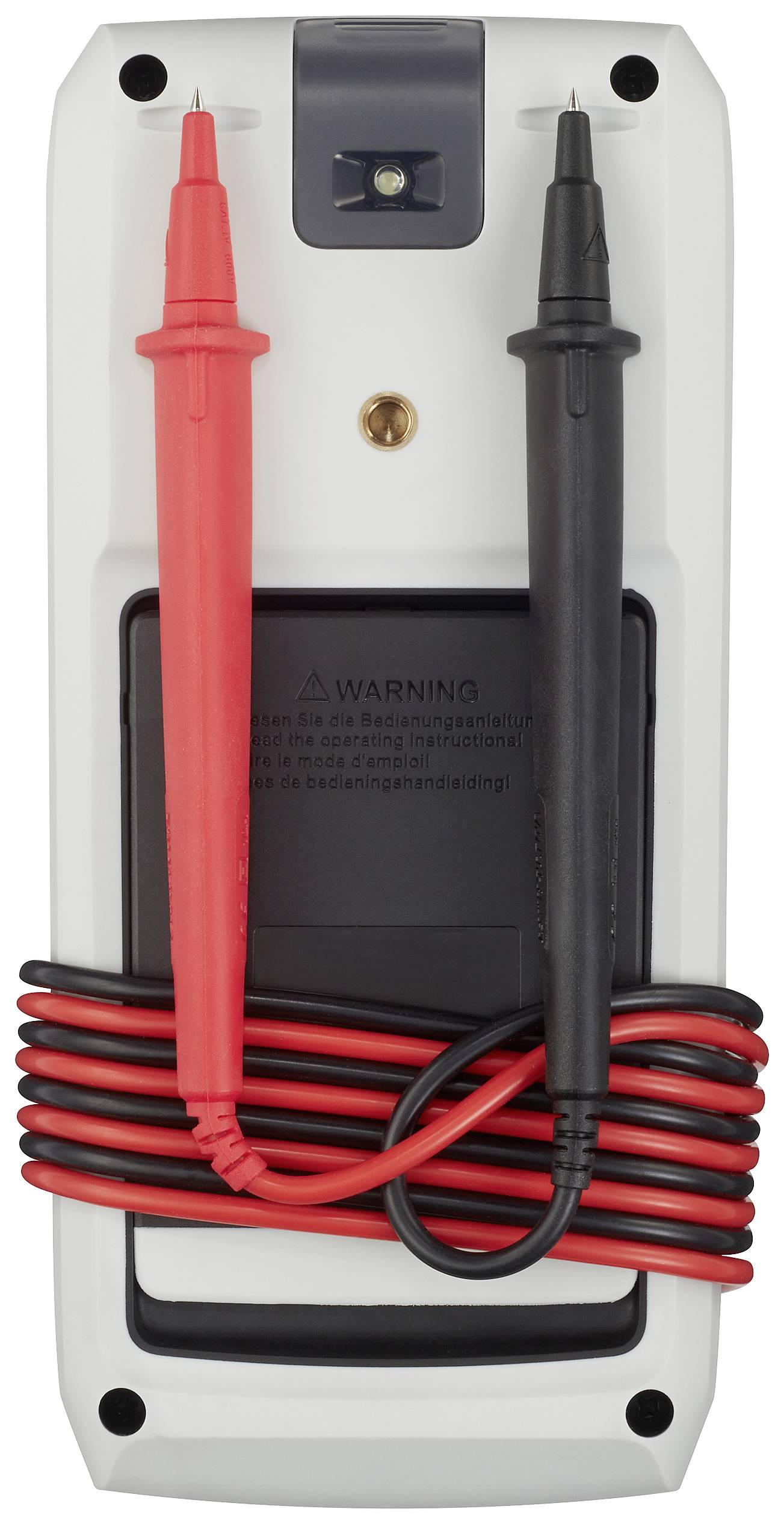 Ein Multimeter ist von hinten zu sehen, mit roten und schwarzen Prüfkabeln umwickelt.
