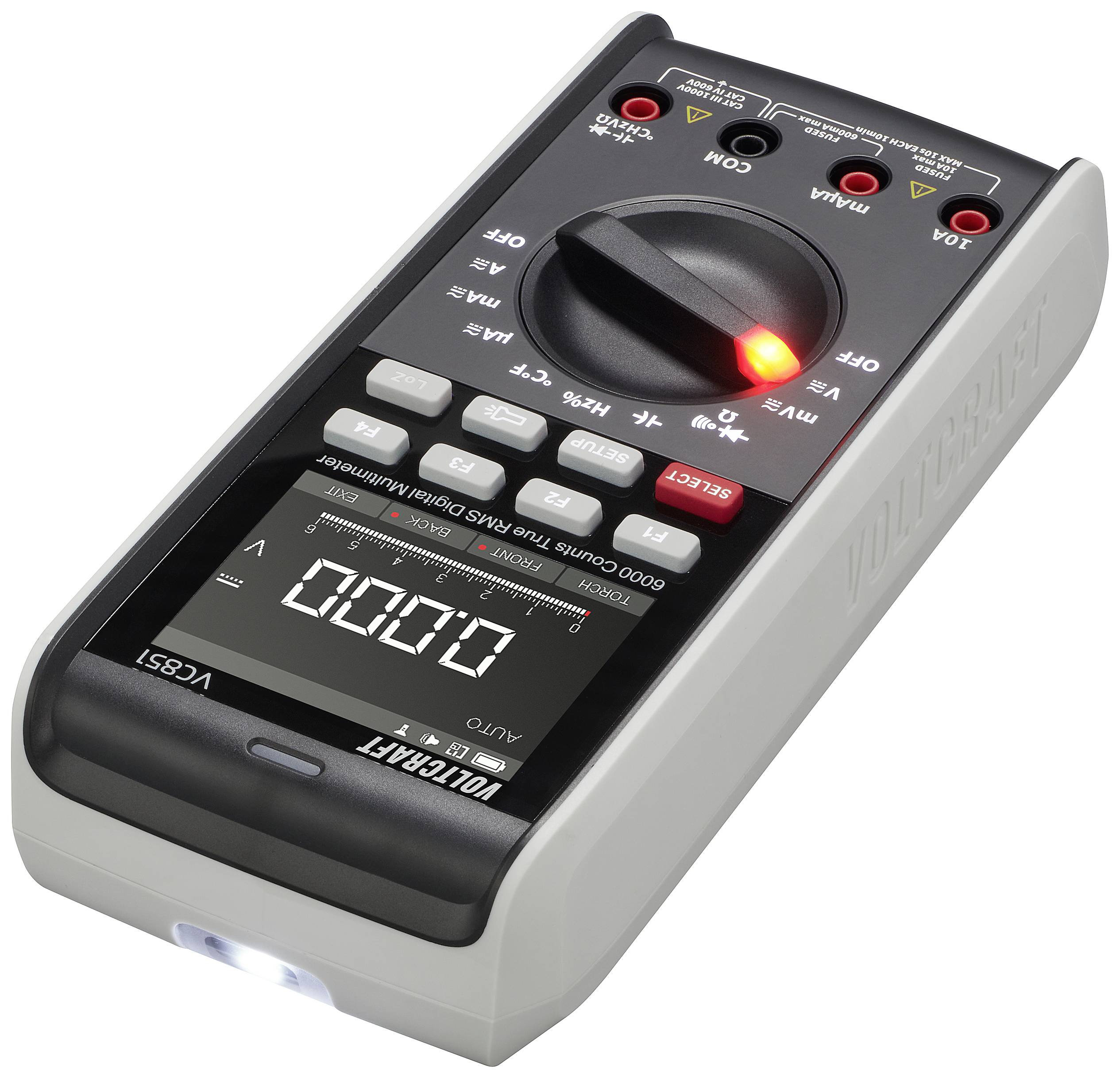 Digitales Multimeter mit beleuchtetem Display zeigt Nullwert an, Drehschalter auf Spannungseinstellung, mehrere Messoptionen.