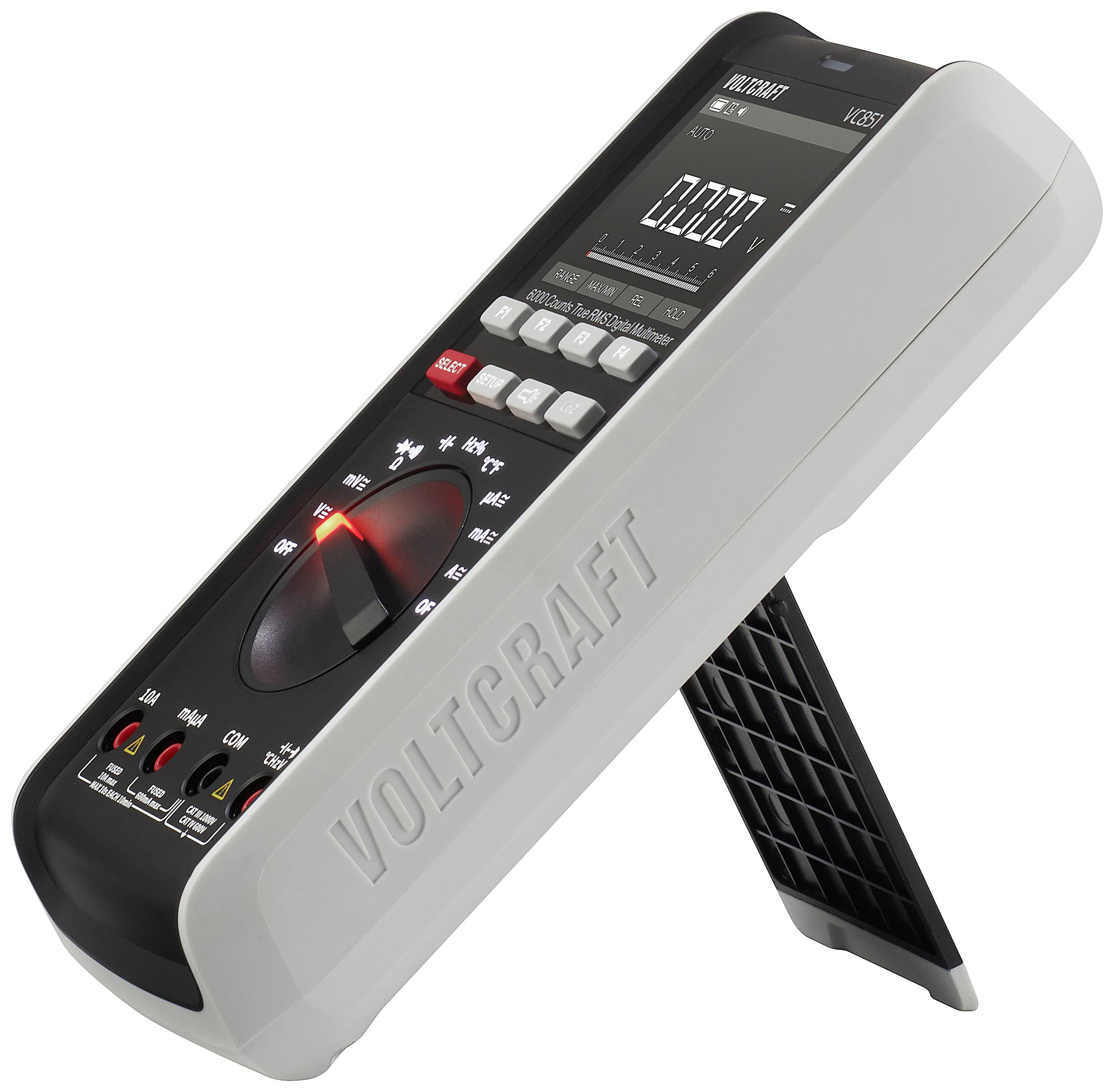 Digitales Multimeter von Voltcraft, Modell VC276. Schrägansicht mit sichtbarer Anzeige, Drehschalter und Standfuß.