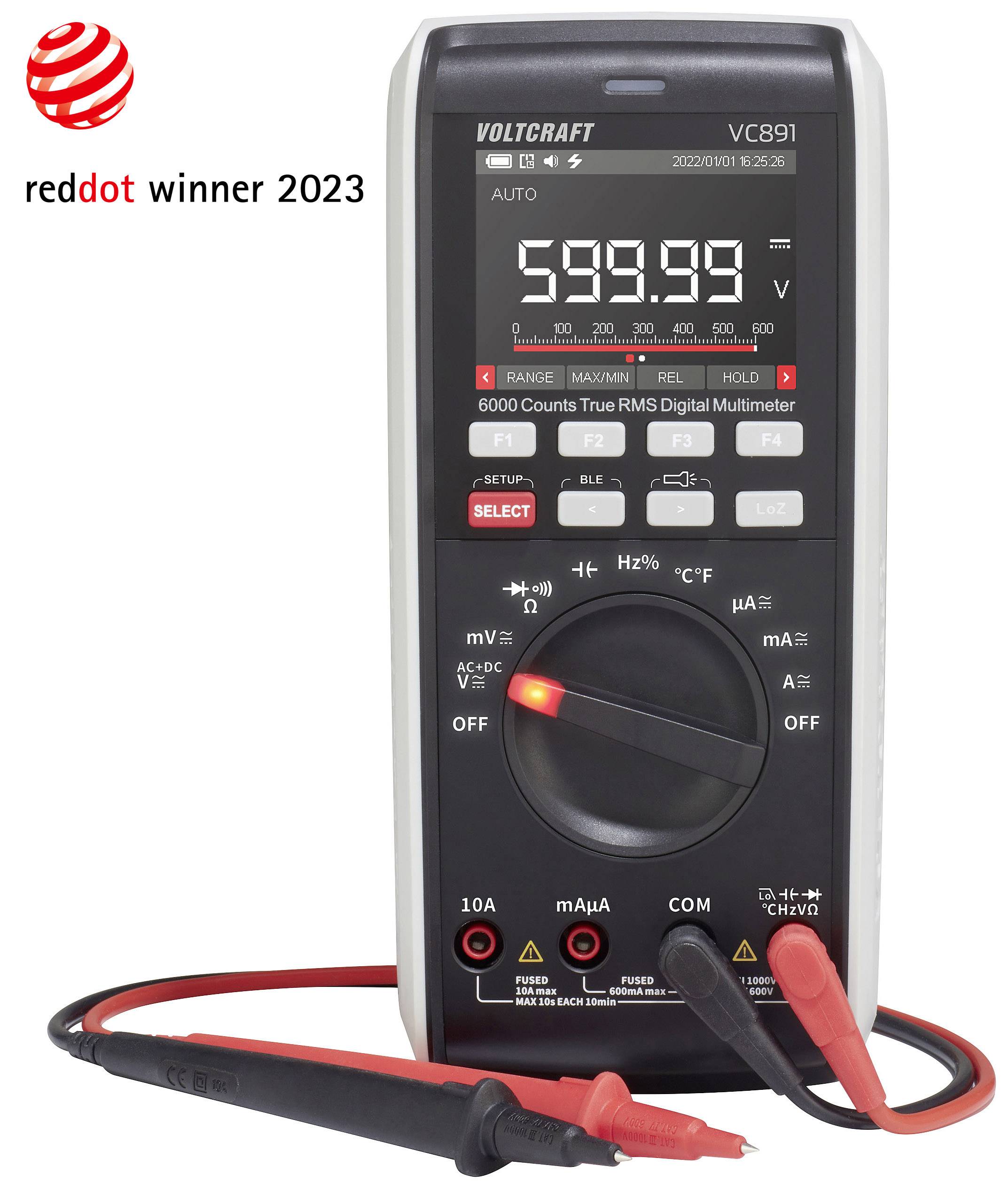 Ein digitales Multimeter der Marke VOLTCRAFT mit ablesbarem Display. Ausgezeichnet mit 'reddot winner 2023'.