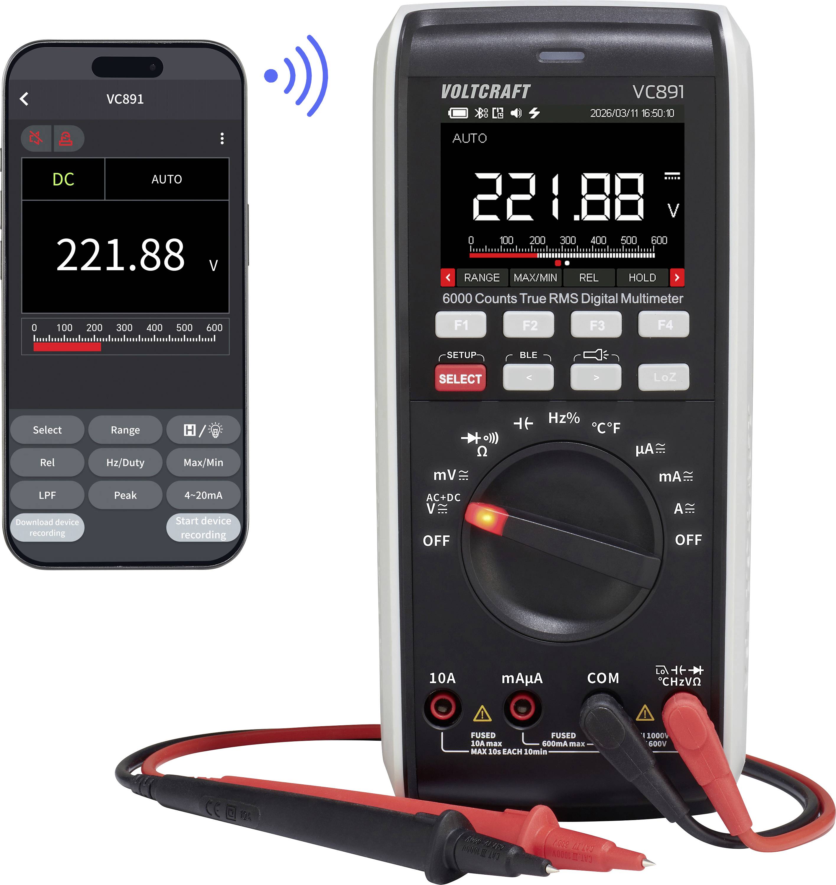 Ein digitales Multimeter mit LCD-Anzeige zeigt '599,99' an. Rote und schwarze Messleitungen sind angeschlossen. Modellnummer: VC891.