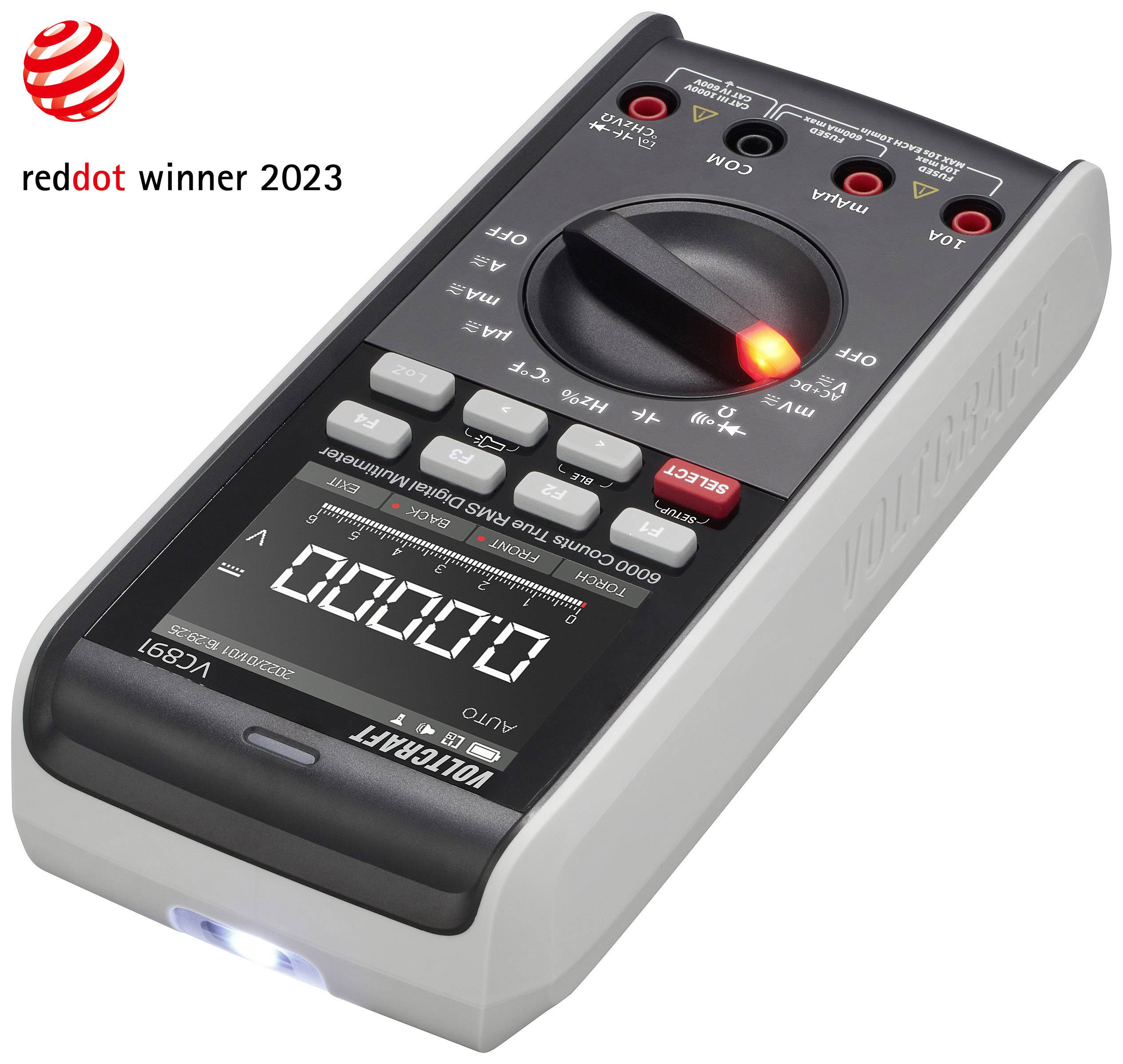 Digitales Multimeter mit mehreren Tasten und Display zeigt '0000.0'. Red Dot Winner 2023 Auszeichnung abgebildet.