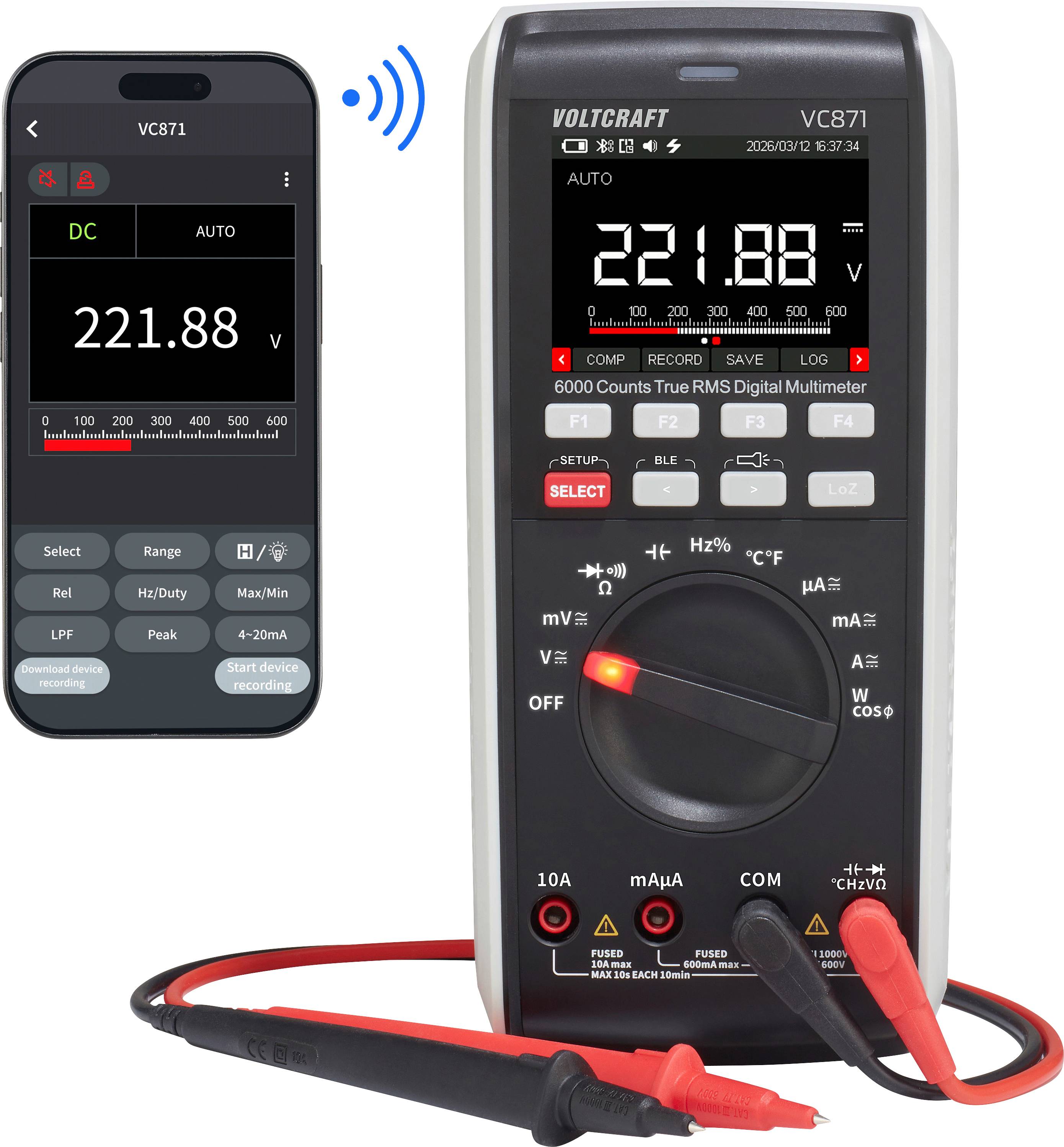 Smartphone-App zeigt ein digitales Multimeter-Display mit 221,88 V im DC-Modus an, drahtlos verbunden mit einem Voltcraft VC871 Multimeter mit angeschlossenen Messspitzen.