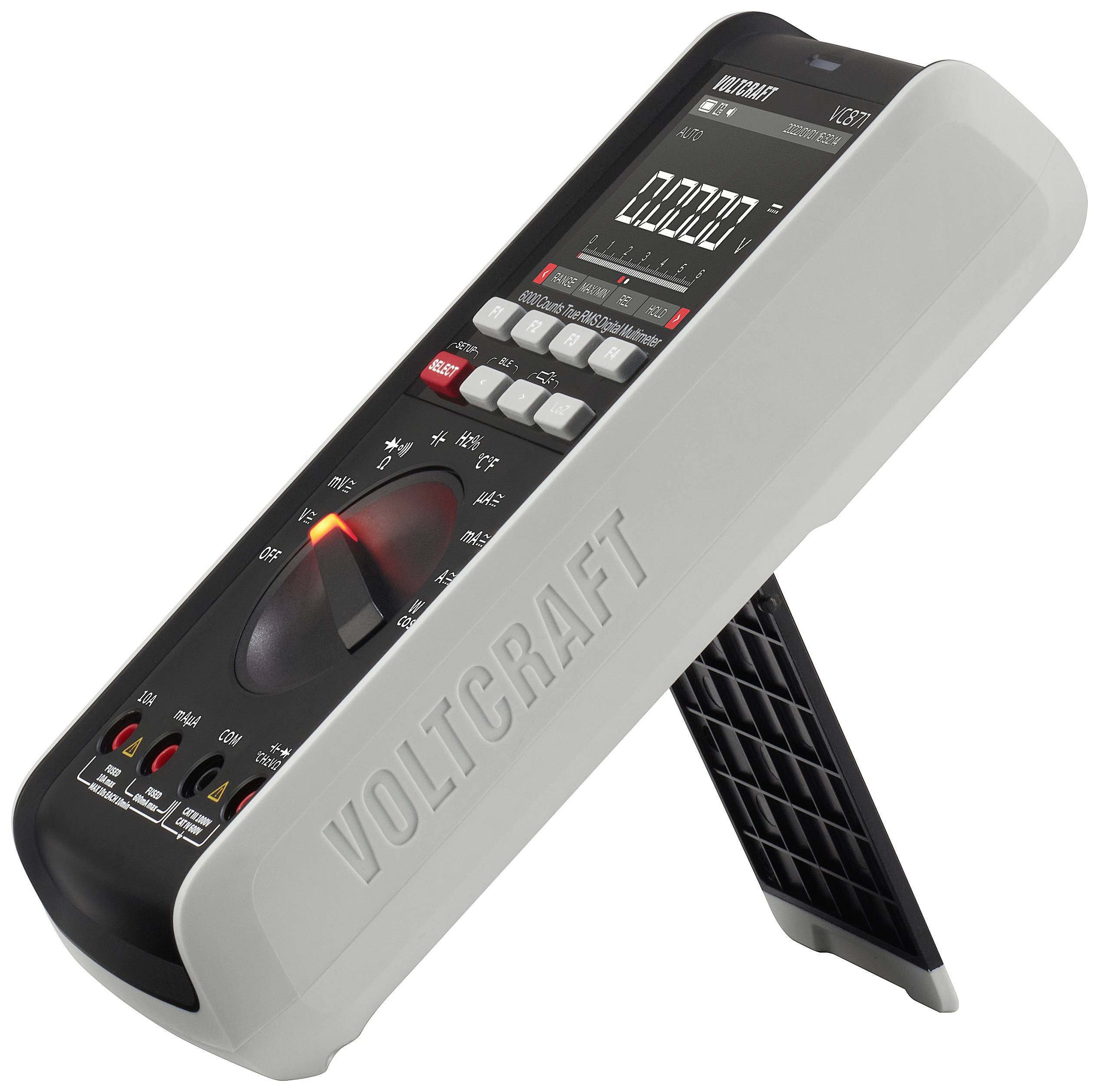 Multimeter in Seitenansicht, markiert mit 'Voltcraft'. Zeigt Drehschalter, Display und Messbereiche für Spannung, Strom, Widerstand.