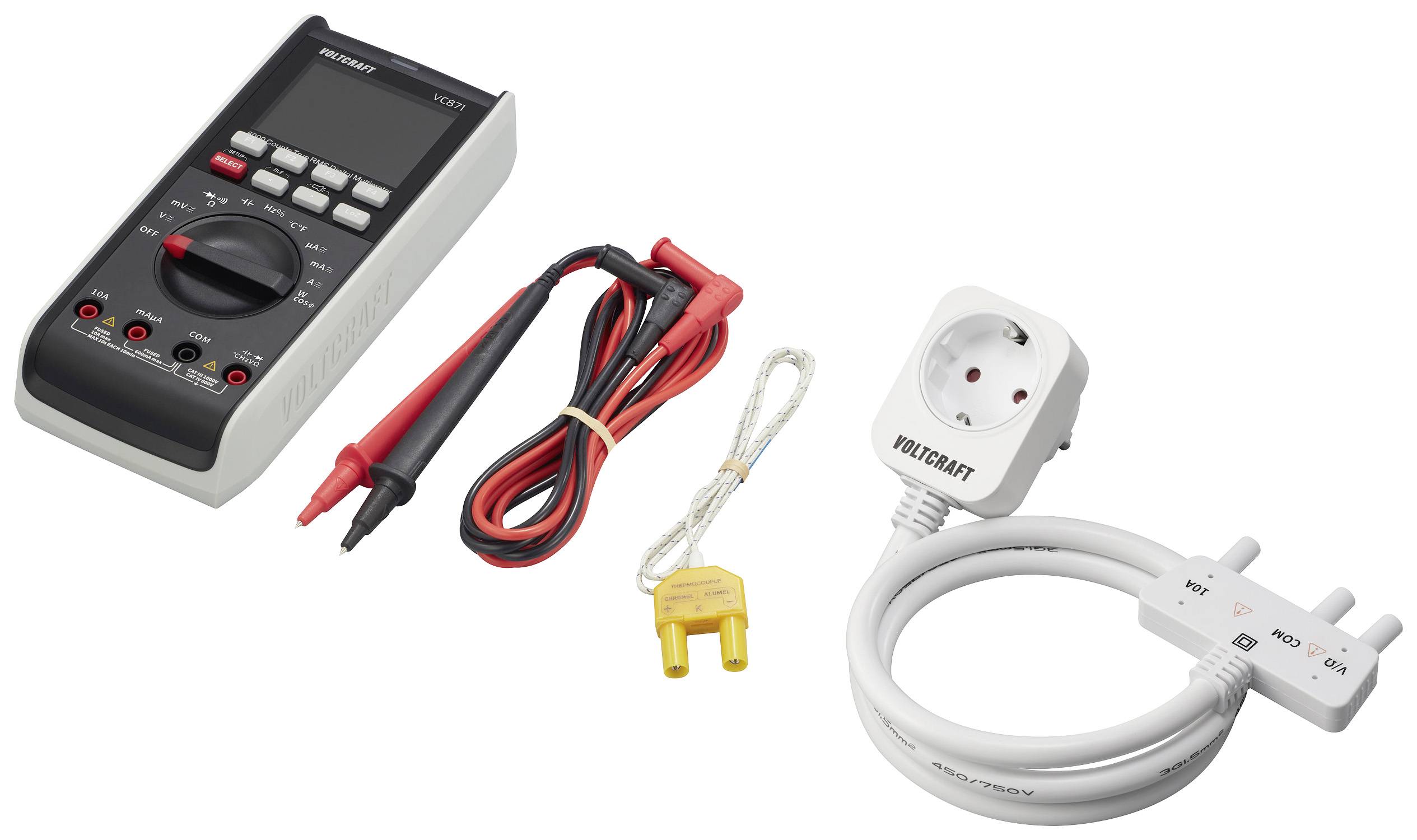 Ein digitales Multimeter mit roten und schwarzen Messleitungen, einem K-Typ-Thermometer und einem Adapter.