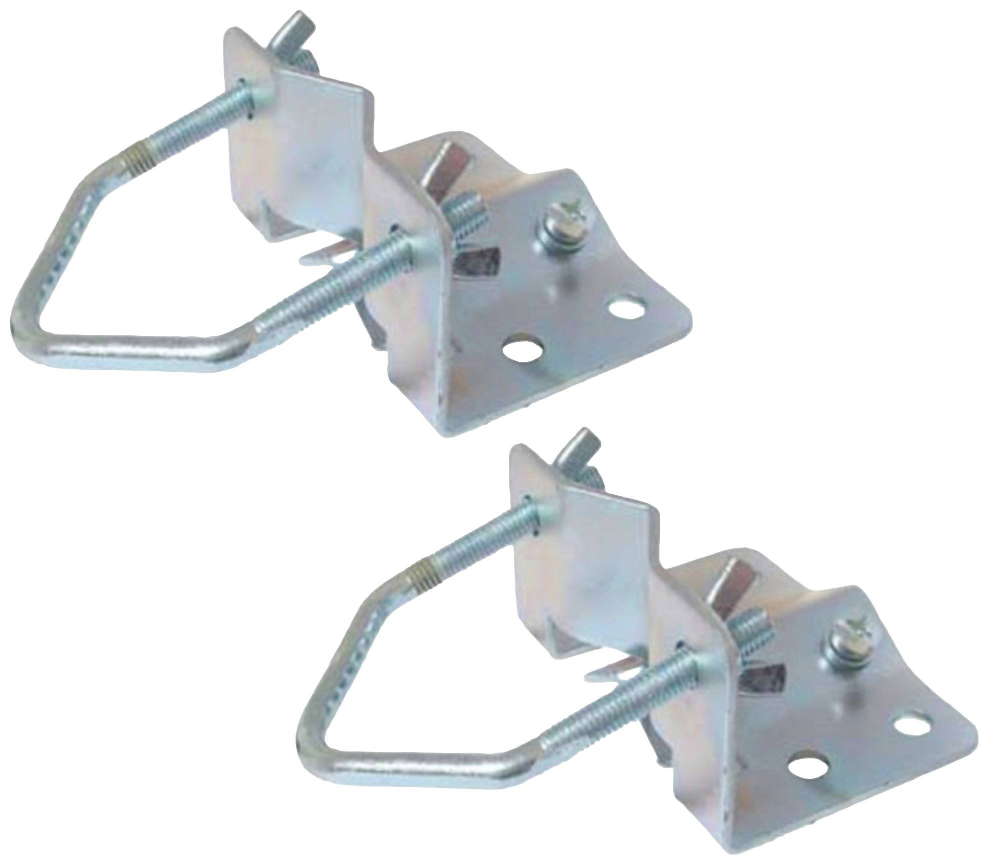 Zwei silberne Metallhalterungen mit Dreieckszubehör und Schrauben, geeignet für die Montage an Wänden oder Oberflächen.