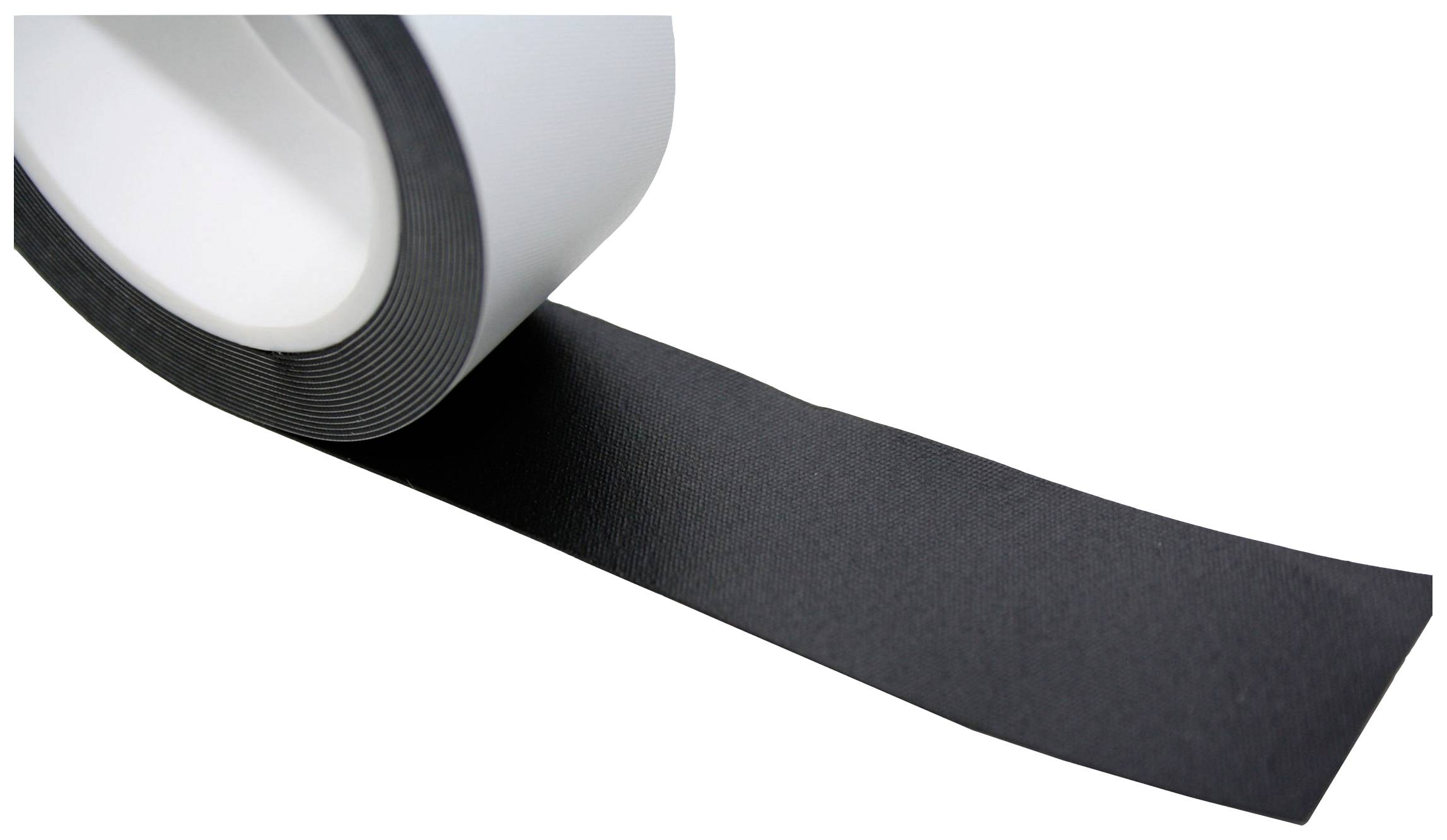 Eine Rolle schwarzes Klebeband mit einem abgerollten Stück.