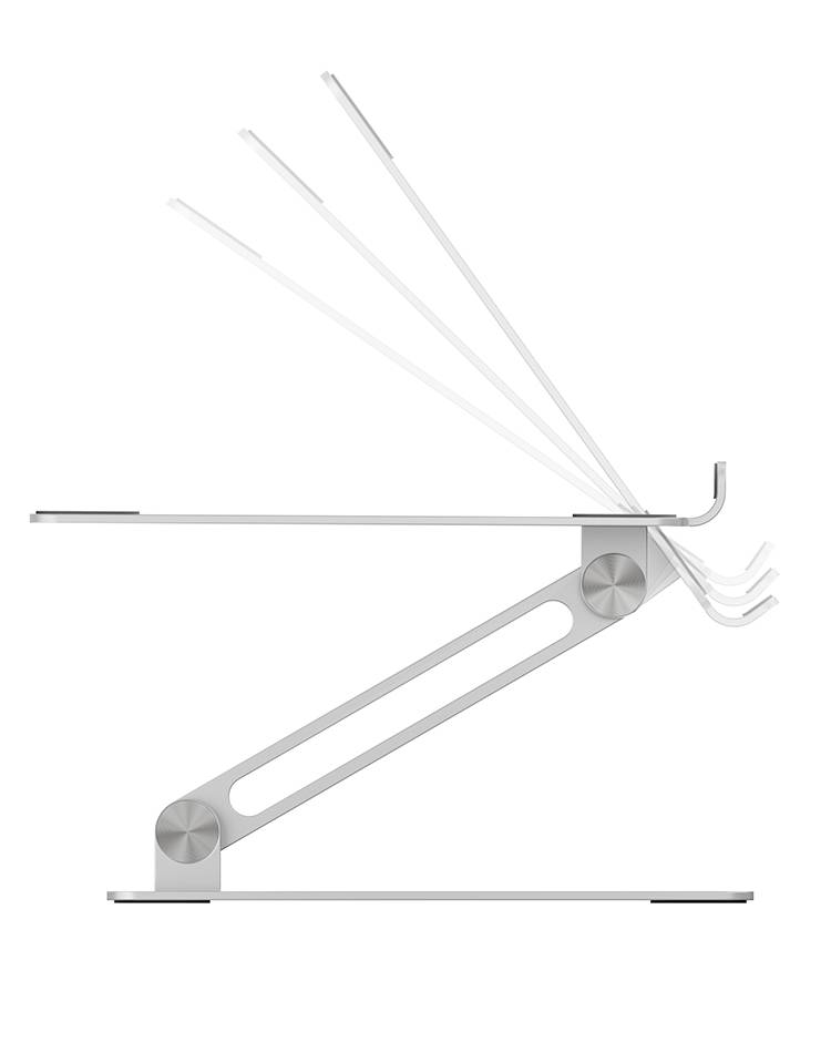 Laptop-Ständer mit verstellbarem Aluminium-Arm, zeigt vier mögliche Positionen zur Erhöhung des Arbeitskomforts.