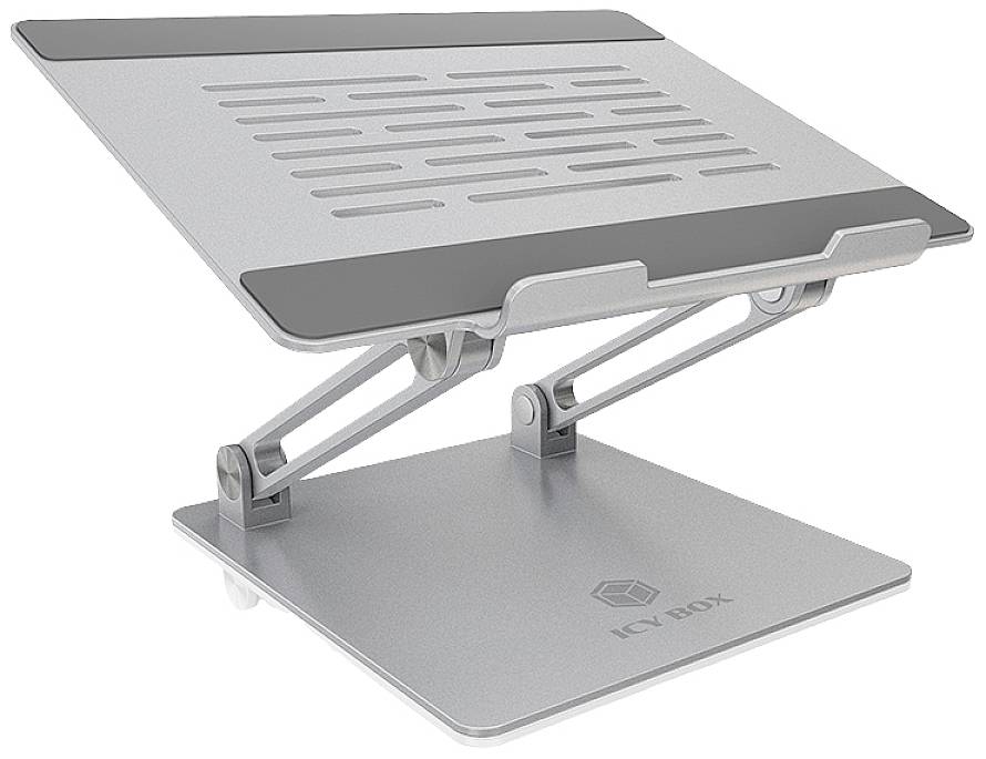 Ein verstellbarer Laptop-Ständer aus Metall mit Lüftungsschlitzen und grauem Oberflächendesign, geeignet zur ergonomischen Anpassung.