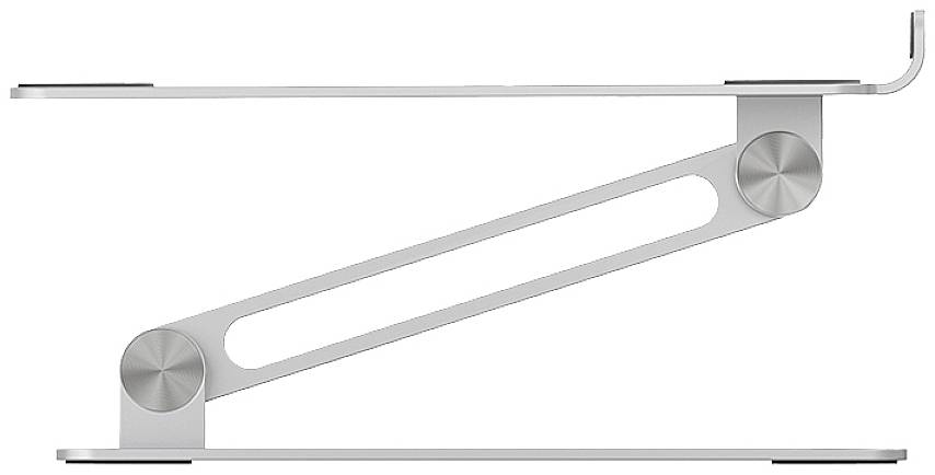 Silberner Laptop-Ständer mit verstellbaren Scharnieren und minimalistischem Design, seitliche Ansicht.