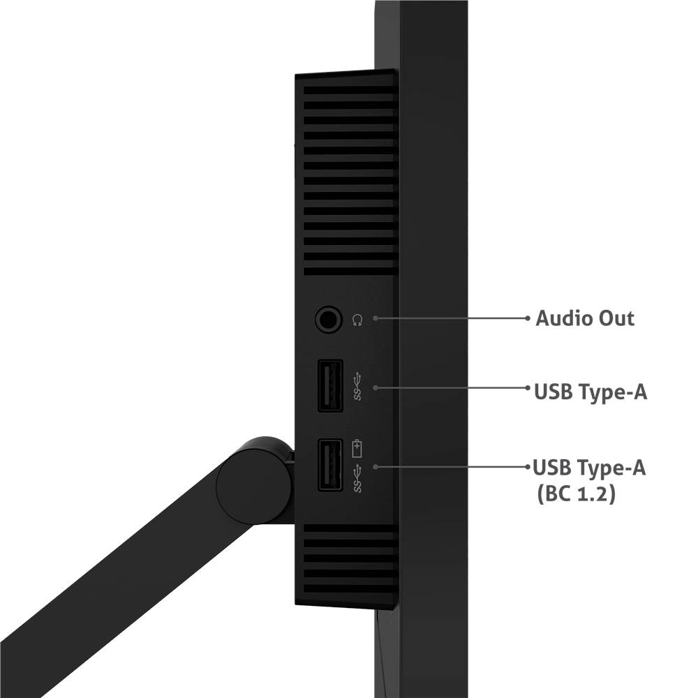 Seitliche Ansicht eines Monitors mit drei Anschlüssen: 'Audio Out', 'USB Type-A' und 'USB Type-A (BC 1.2)'.