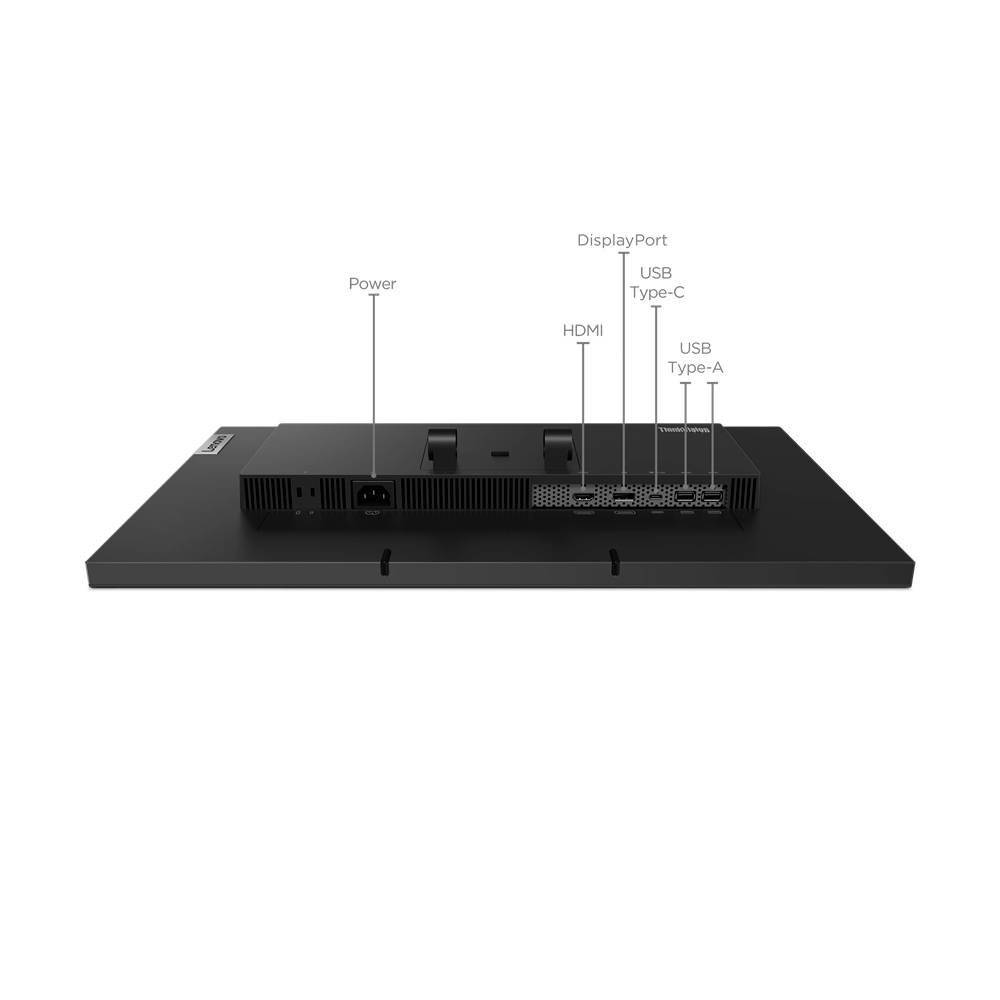 Rückansicht eines schwarzen Monitors mit Anschlüssen: DisplayPort, HDMI, USB Type-C, USB Type-A, Power.