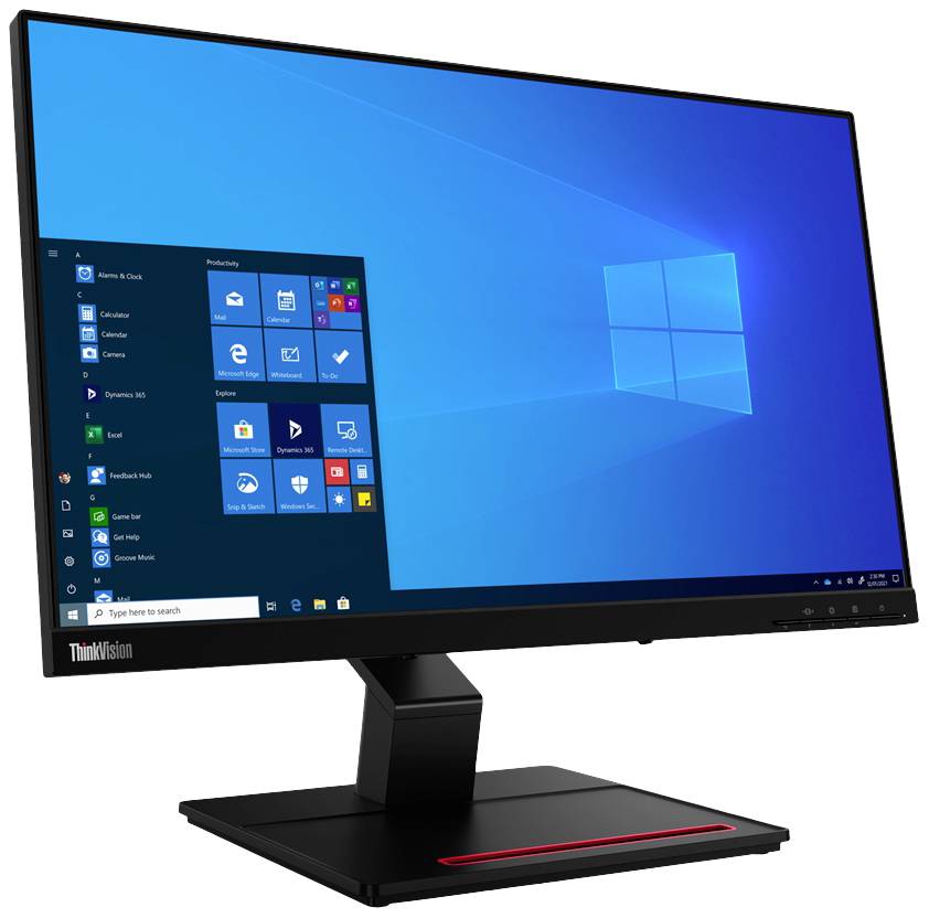 Ein schwarzer Flachbildschirm zeigt den Windows 10-Desktop mit geöffneter Startleiste. Das Gerät hat einen stabilen Standfuß.