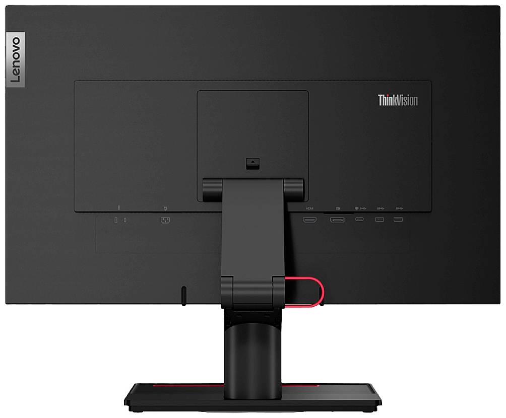 Rückansicht eines schwarzen Monitors mit verstellbarem Standfuß. Anschlüsse und Markenlogos sind sichtbar.