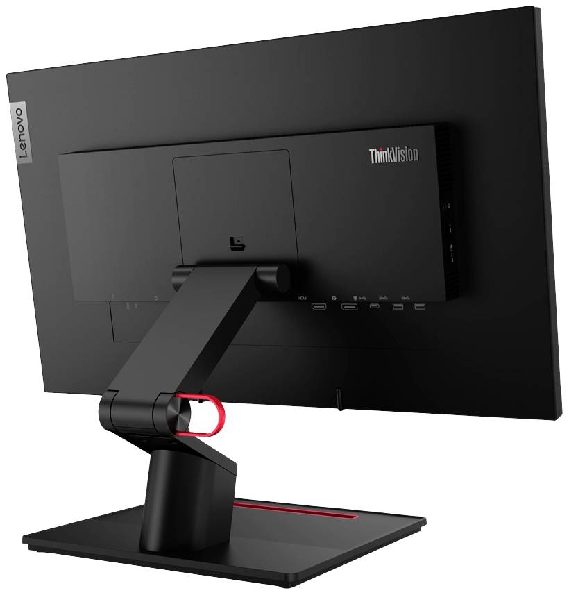 Ein schwarzer Lenovo ThinkVision Monitor von hinten, zeigt den verstellbaren Ständer und mehrere Anschlüsse auf der Rückseite.