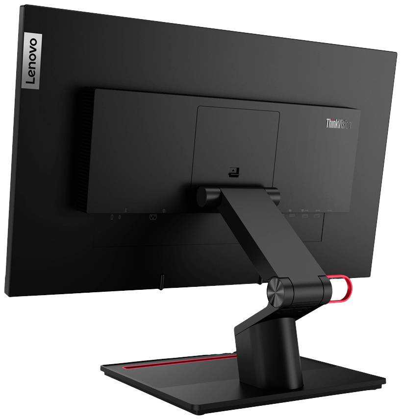 Ein Lenovo ThinkVision Monitor von hinten, zeigt den verstellbaren Standfuß und das schlanke Design.