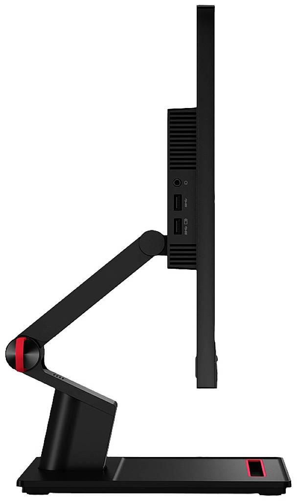 Seitenansicht eines schlanken, schwarzen Computermonitors auf einem beweglichen Arm. Der Monitor ist in einer vertikalen Position.