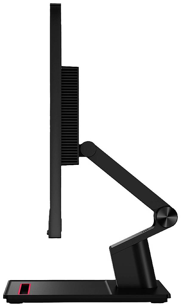 Seitenansicht eines schwarzen Monitors mit verstellbarem Arm, zeigt die schlanke Bauweise und flexible Positionierungsmöglichkeiten.