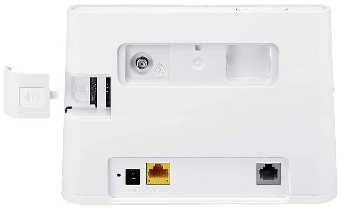 Rückseite eines weißen Modems mit Anschlüssen für Strom, Ethernet und Telefonkabel, sowie einem SIM-Kartensteckplatz links geöffnet.