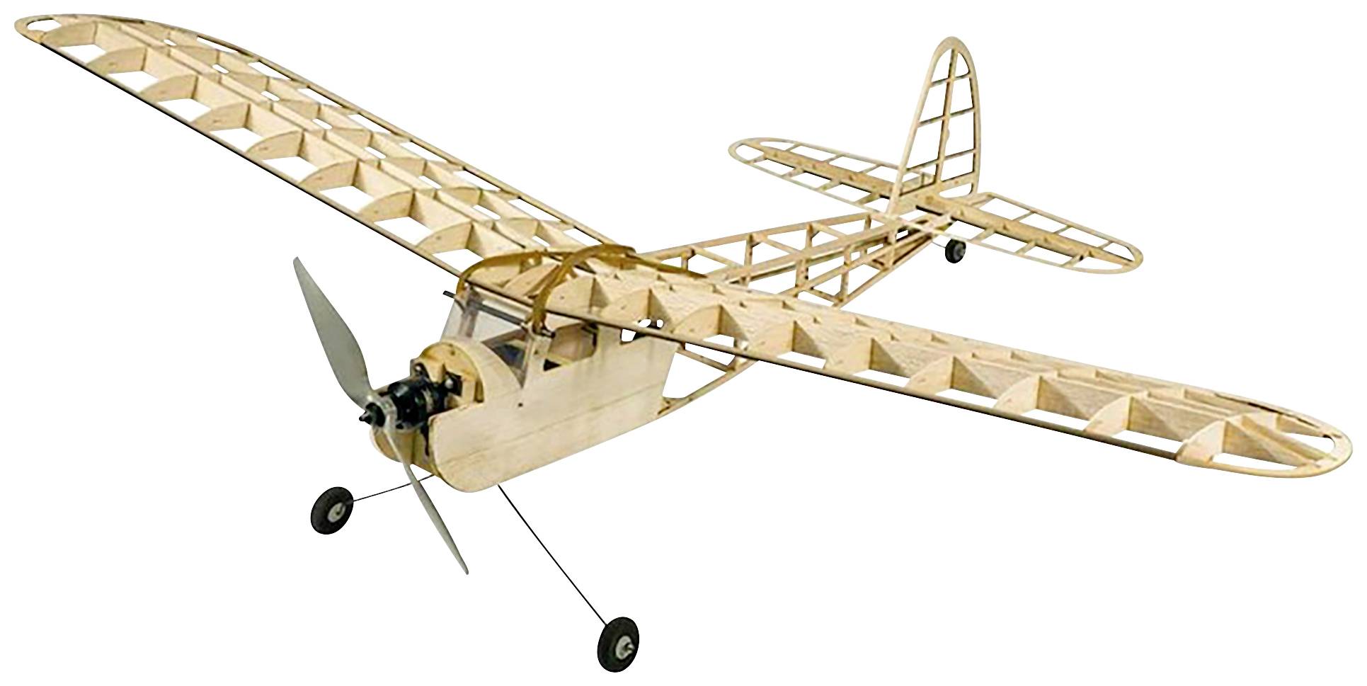 Holzmodell eines Flugzeugs mit sichtbarem Rahmengerüst, Doppelflügeln und Propeller, auf einem neutralen Hintergrund.