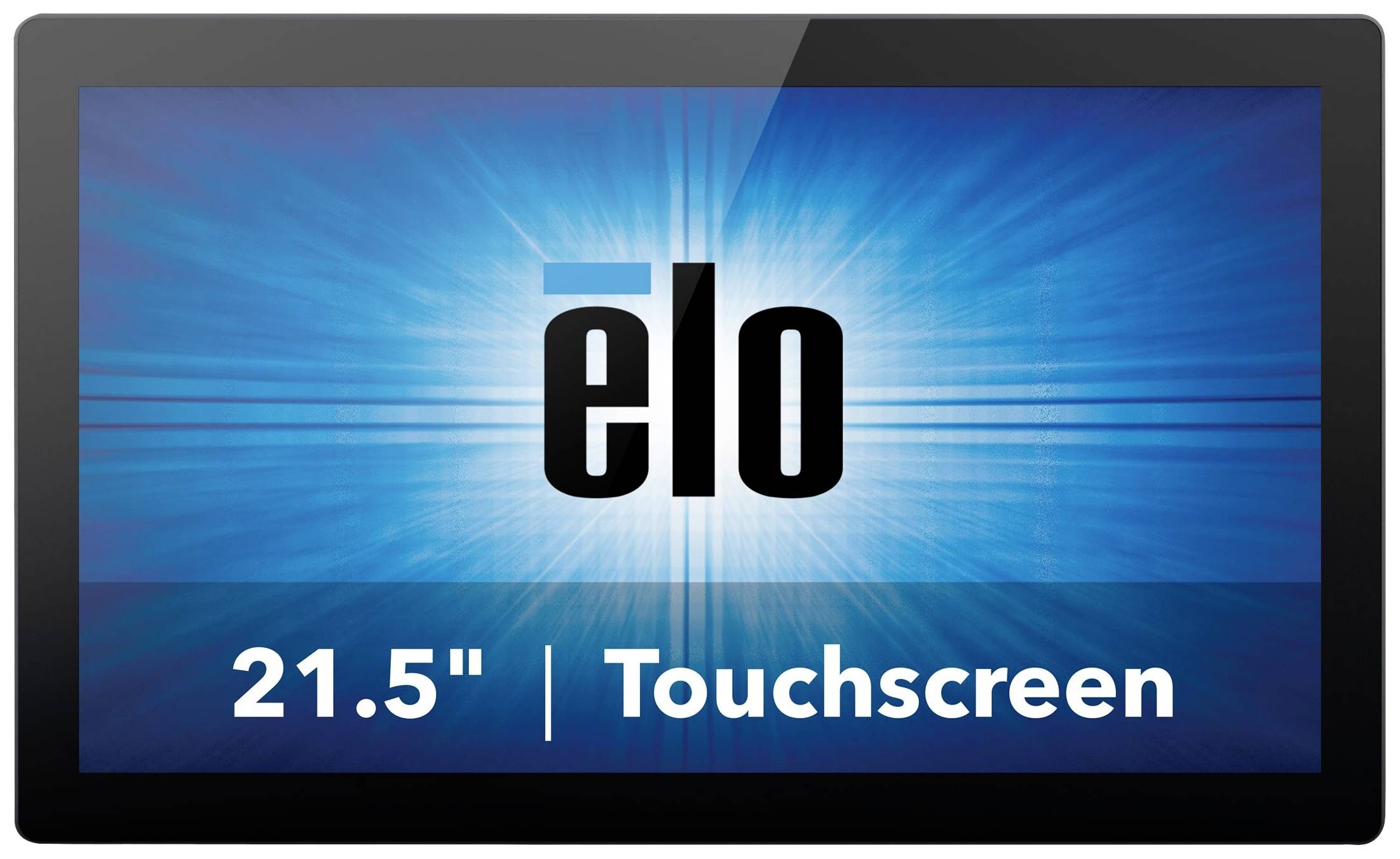 21,5 Zoll Touchscreen-Monitor mit blauem Hintergrund und großem „elo“-Logo in der Mitte.