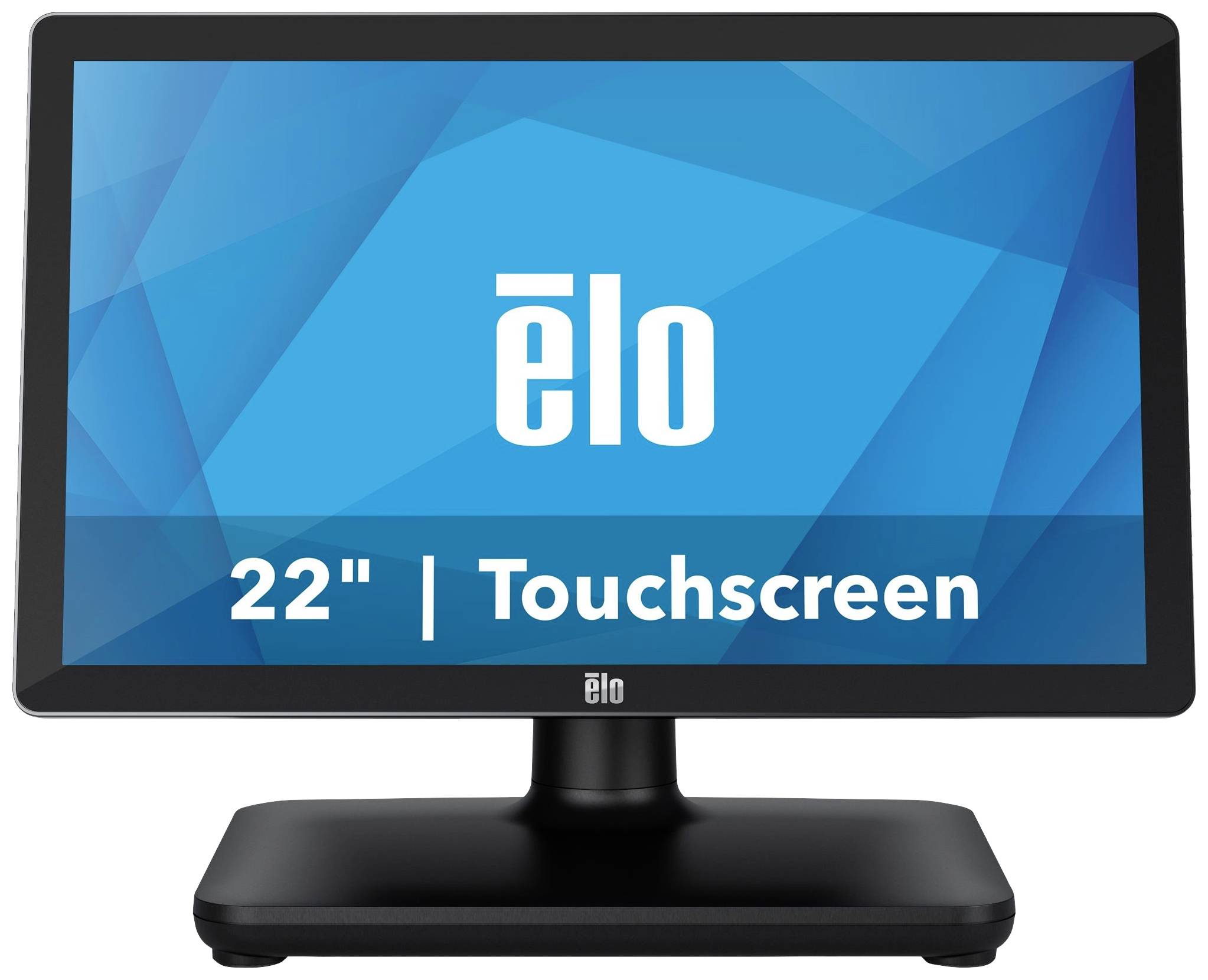 Ein schwarzer 22-Zoll-Touchscreen-Monitor der Marke 'elo', vor einem blauen geometrischen Hintergrund.