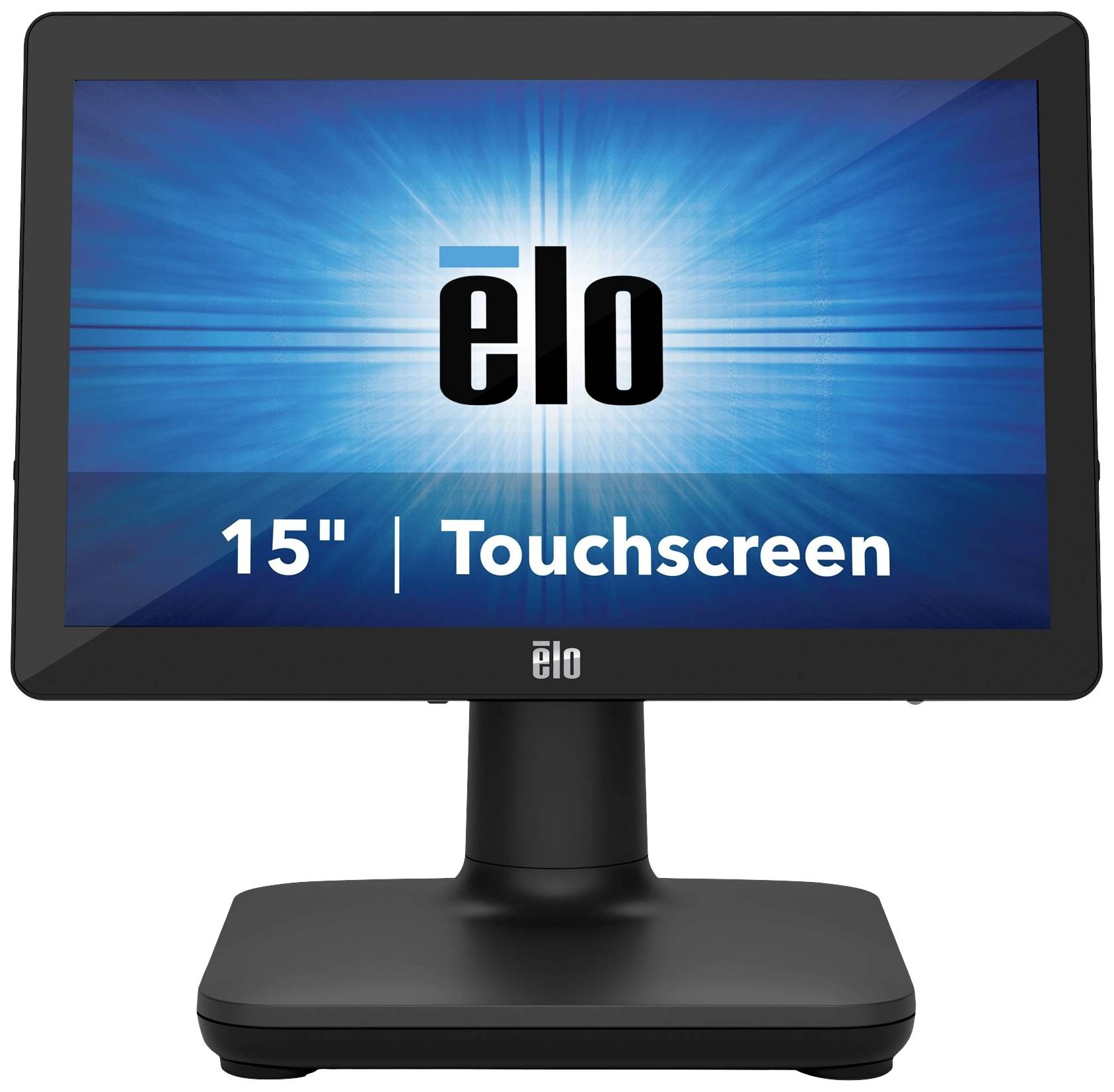 Ein 15-Zoll-Touchscreen-Monitor der Marke 'elo' mit blauem Hintergrund auf dem Bildschirm, montiert auf einem schwarzen Standfuß.