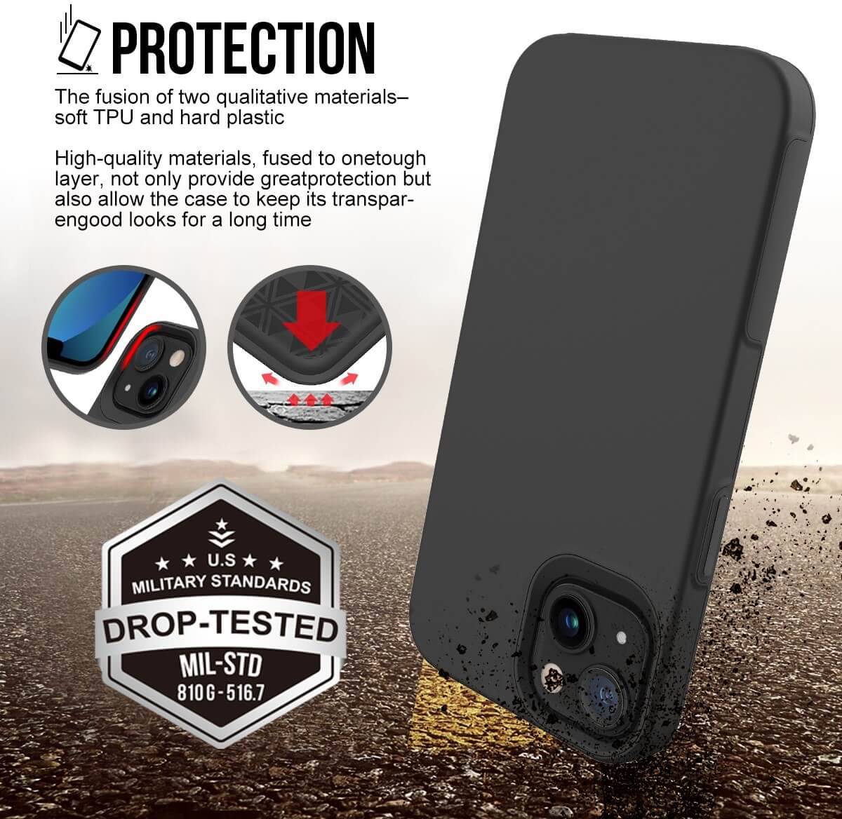 Smartphone-Hülle auf steinigem Boden, mit Betonung auf Schutzmaterialien und Militärstandards. Drop-Test bestanden, robustes Design.