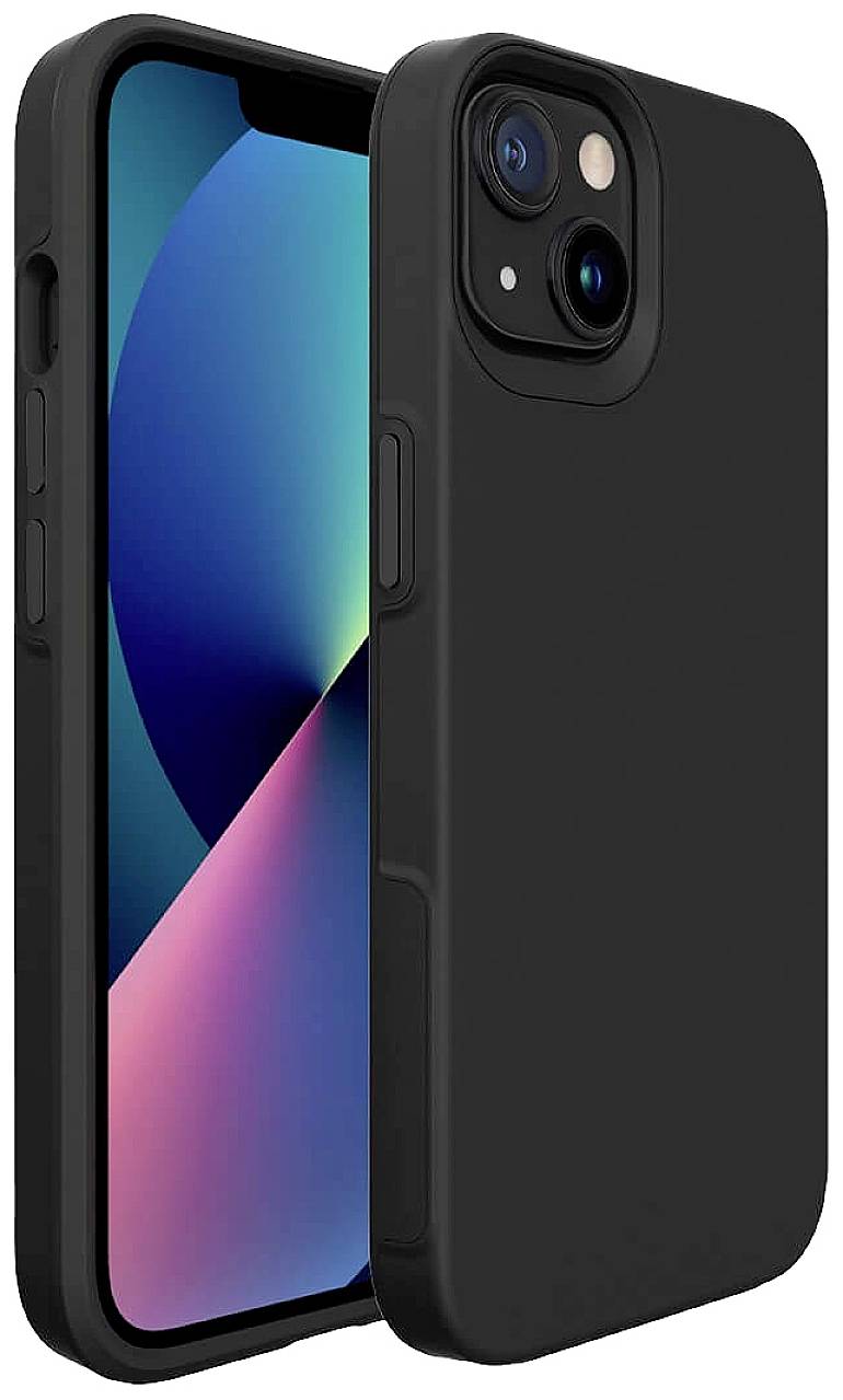 Schwarzes Smartphone mit mattschwarzer Schutzhülle, Vorder- und Rückseite sichtbar, mit dualer Kameralinse und abgerundeten Ecken.