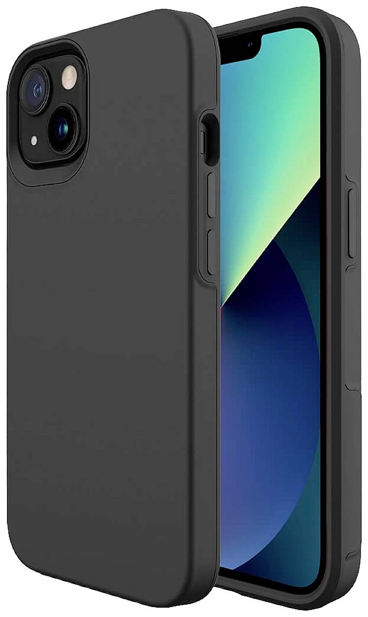 Smartphone in schwarzer Hülle, Bildschirm zeigt blauen und grünen Verlauf. Hülle bietet zusätzlichen Schutz und einfache Tastenbedienung.