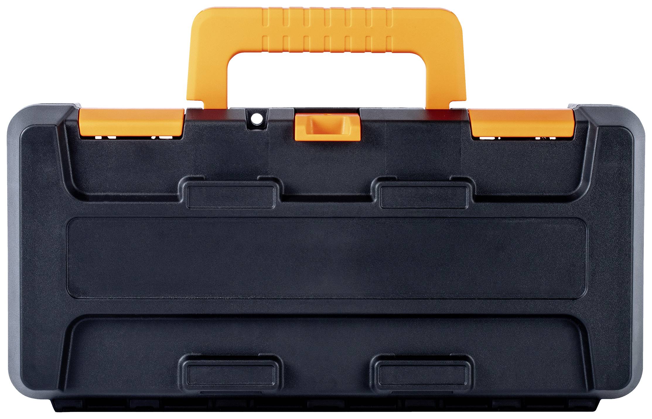 Schwarzer Werkzeugkasten mit orangefarbenem Griff und Verschlüssen.