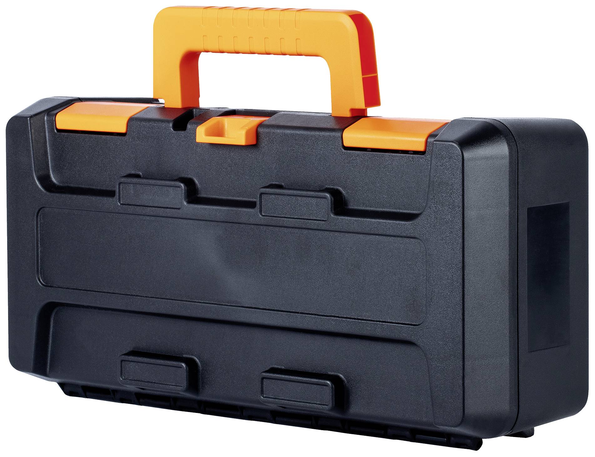 Schwarzer Werkzeugkoffer mit orangefarbenem Griff und Verschlüssen.