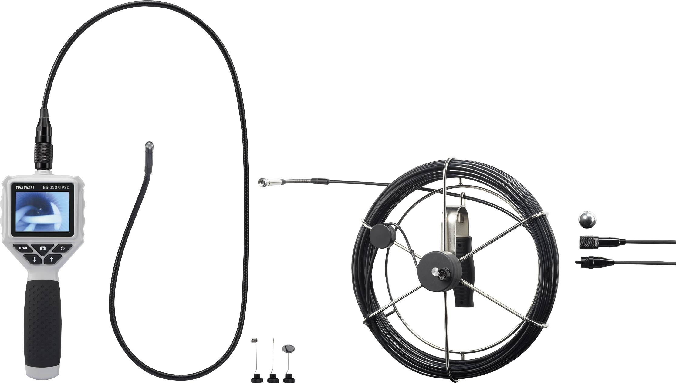 Endoskopkamera mit flexiblem Kabel, Monitor-Anzeige und Zubehör. Ideal für Inspektionen in schwer zugänglichen Bereichen.