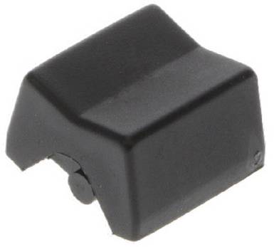 Eine schwarze, einzelne Computertastatur-Tastenkappe für mechanische Tastaturen, aus einem Winkel fotografiert, der ihre Form und die Befestigungsmechanik an der Unterseite zeigt.