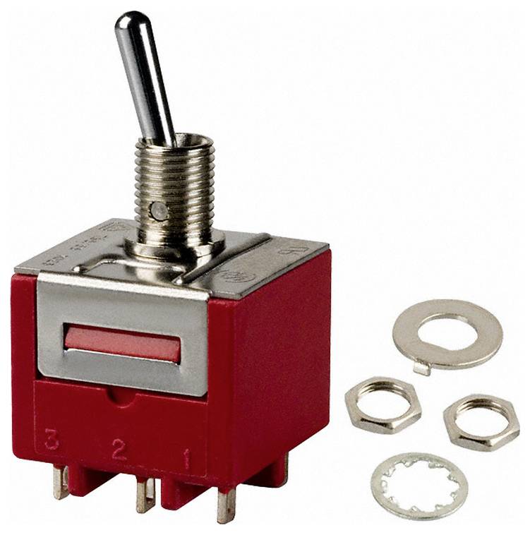 Roter Kippschalter mit metallischem Hebel und Gewinde-Sockelbefestigung; angrenzende Unterlegscheiben und Muttern zum Montieren.