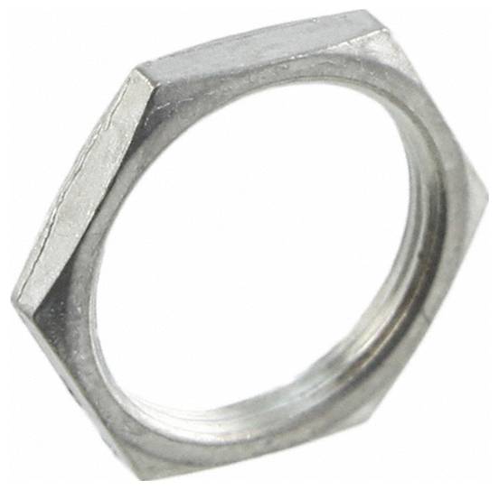 Eine Nahaufnahme einer sechskantigen Metallmutter zum Befestigen. Die Mutter ist silberfarben und hat ein Innengewinde zum Anbringen an einer Schraube.