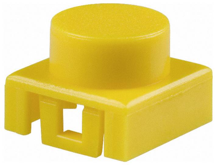 Ein gelber quadratischer Druckknopf mit einer runden Oberseite, der typischerweise in elektronischen Geräten für Benutzereingaben oder Steuerfunktionen verwendet wird.