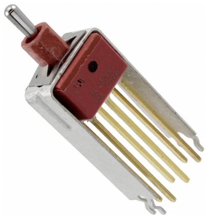Eine rote und silberne elektronische Komponente mit mehreren nach unten verlaufenden Goldstiften, wahrscheinlich ein Transistor oder ähnliches Bauteil, das in Schaltkreisen verwendet wird.