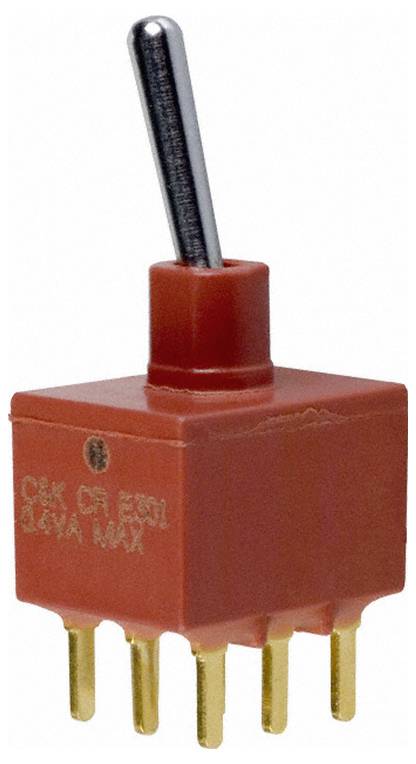 Ein roter Kippschalter mit einem Metallanschalthebel und sechs goldenen Stiften für elektronische Verbindungen.