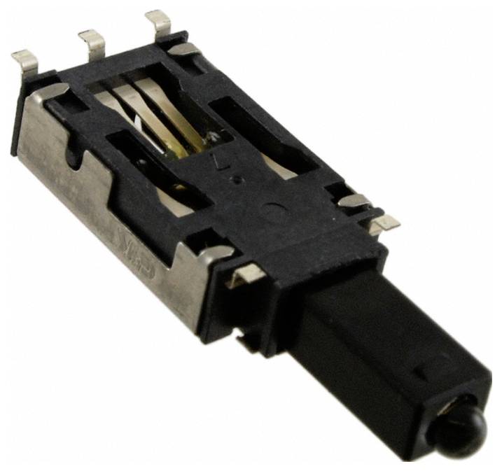 Eine schwarze und metallische Komponente, die einem kleinen elektronischen Schalter mit mehreren Stiften und einem vorstehenden Schiebemechanismus ähnelt.