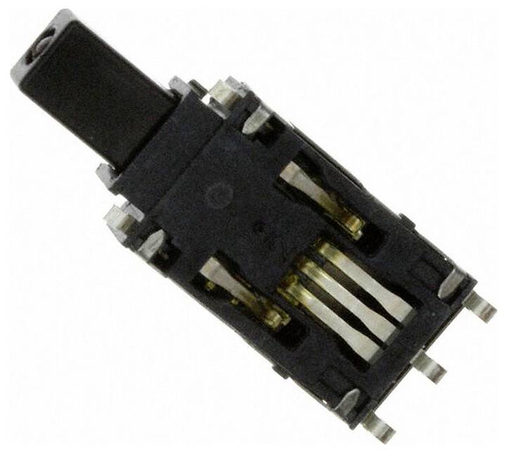 Ein kleiner, schwarzer, elektronischer Schiebeschalter mit Metallstiften, verwendet zur Schaltkreissteuerung.