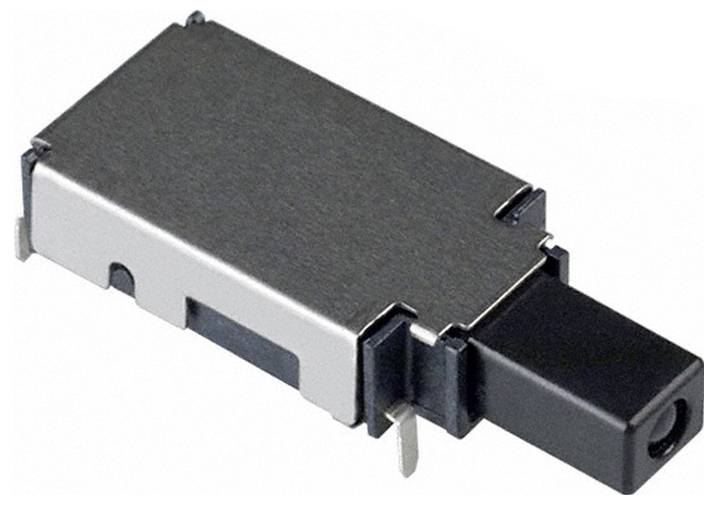 Ein Metall- und Kunststoff-Elektronikbauteil mit rechteckigem Gehäuse und zwei vorstehenden Metallstiften an den Seiten.