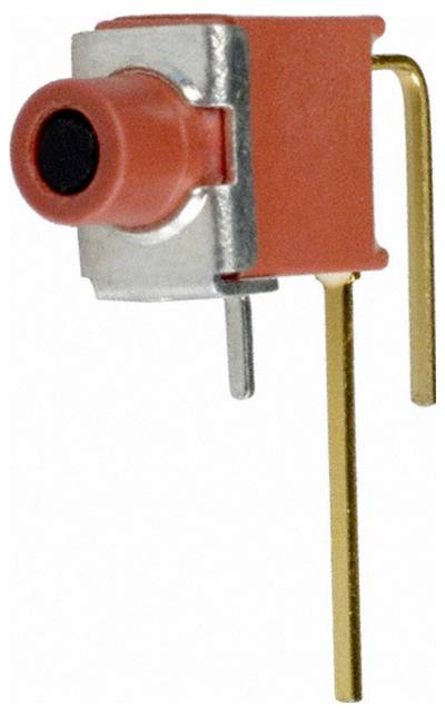 Eine kleine, rote, zylindrische elektronische Komponente mit schwarzem Mittelteil, metallischen Anschlüssen und vergoldeten Stiften, wahrscheinlich ein Druckschalter.