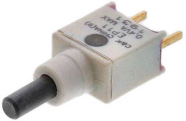 Ein kleiner Druckschalter mit zwei Metallstiften, der in elektronischen Schaltkreisen zur Steuerung des Stromflusses verwendet wird.